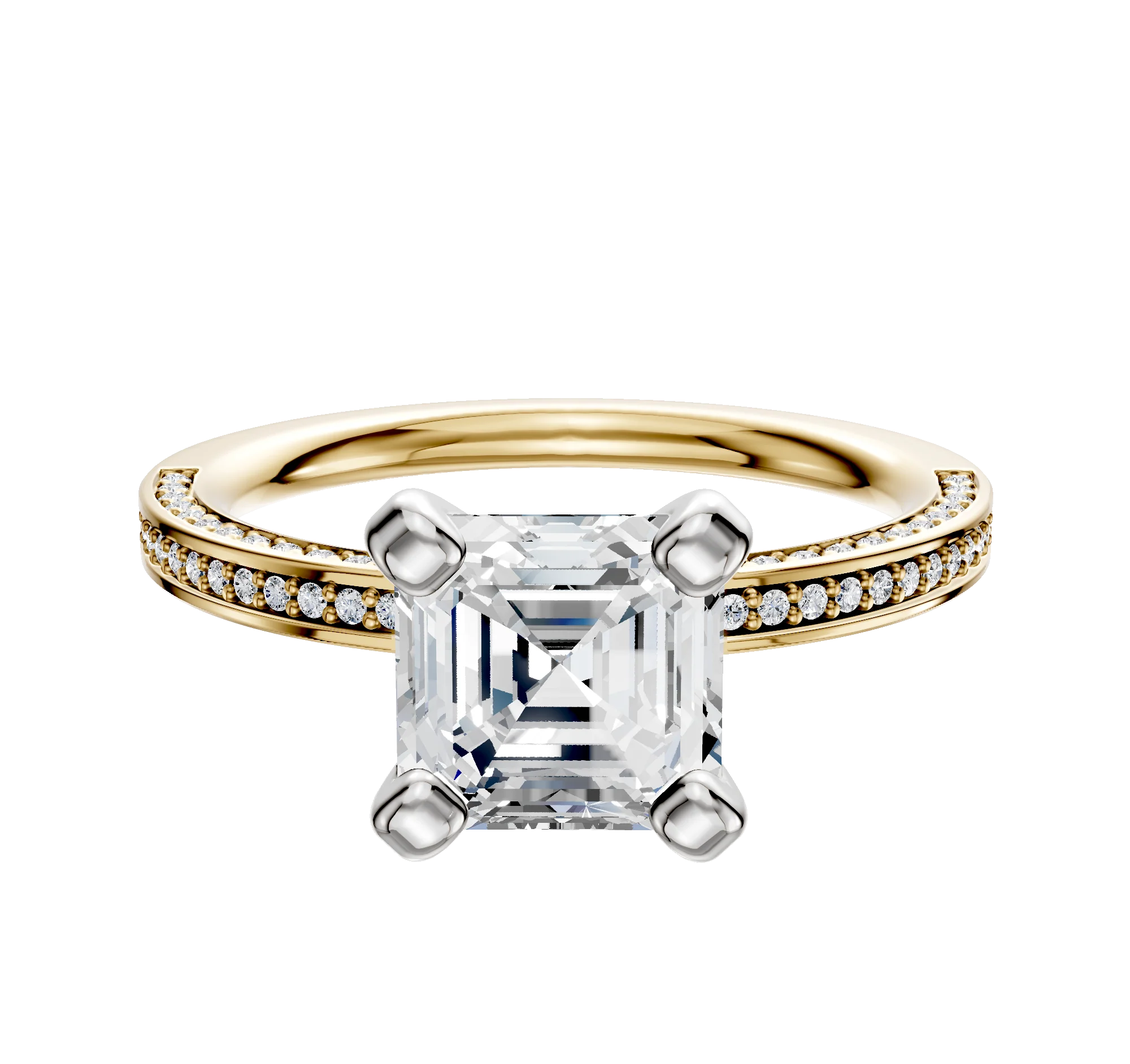 18K Two Tone 4 Prong Classic Flat 3-Row-Pave 2.0mm Engagement Ring