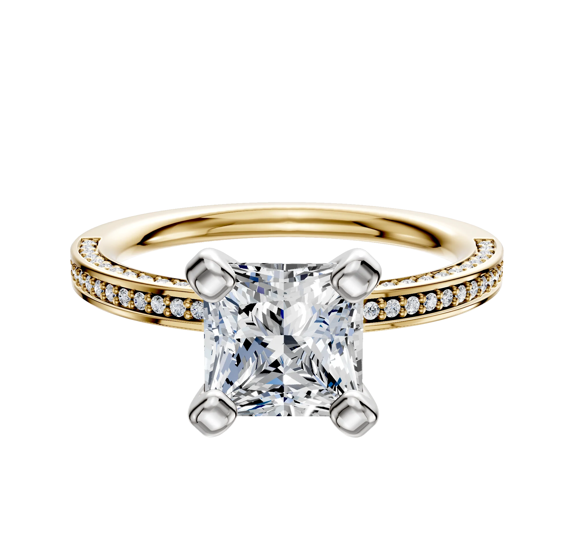 18K Two Tone 4 Prong Classic Flat 3-Row-Pave 2.0mm Engagement Ring
