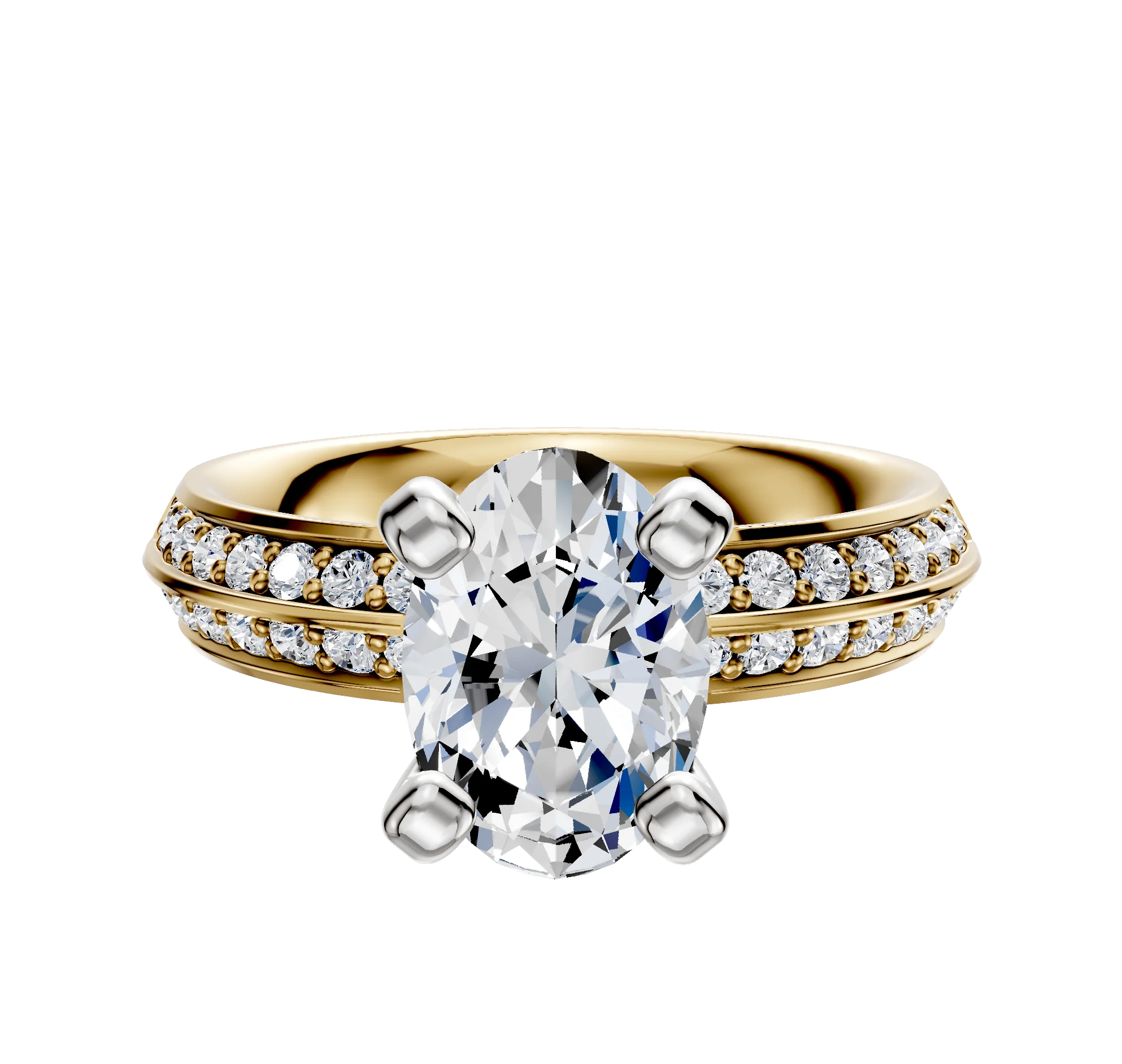 18K Two Tone 4 Prong Classic Knife Edge 1-Row-Pave 2.5mm Engagement Ring