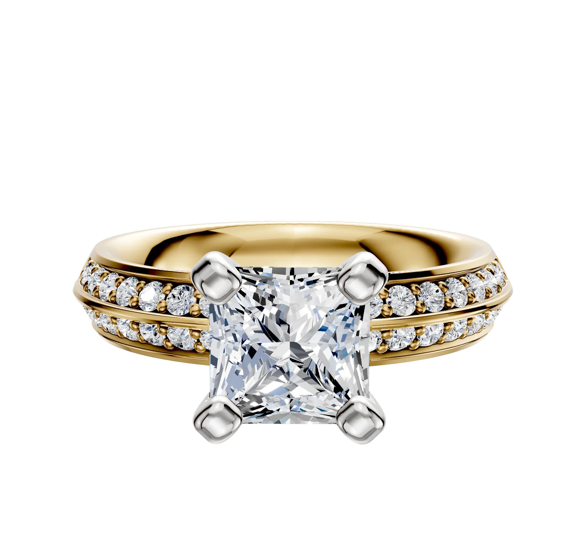 18K Two Tone 4 Prong Classic Knife Edge 1-Row-Pave 2.5mm Engagement Ring