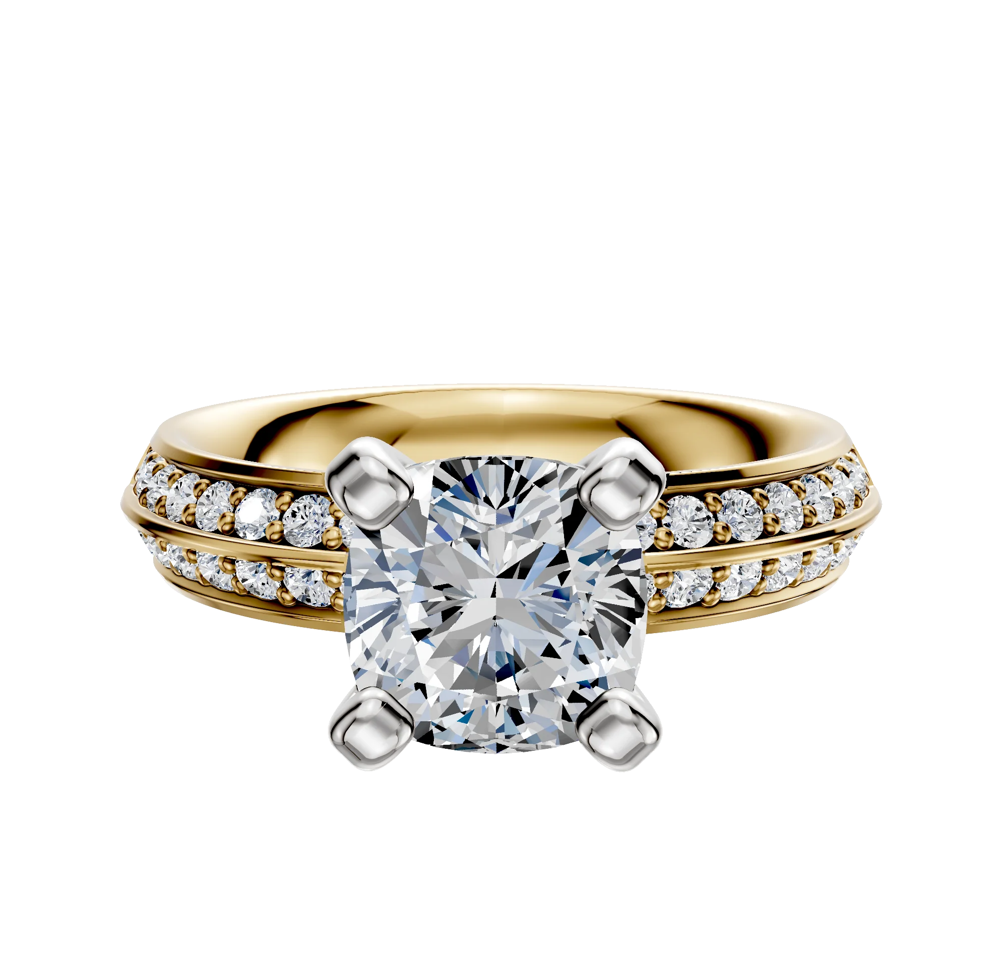 18K Two Tone 4 Prong Classic Knife Edge 1-Row-Pave 2.5mm Engagement Ring