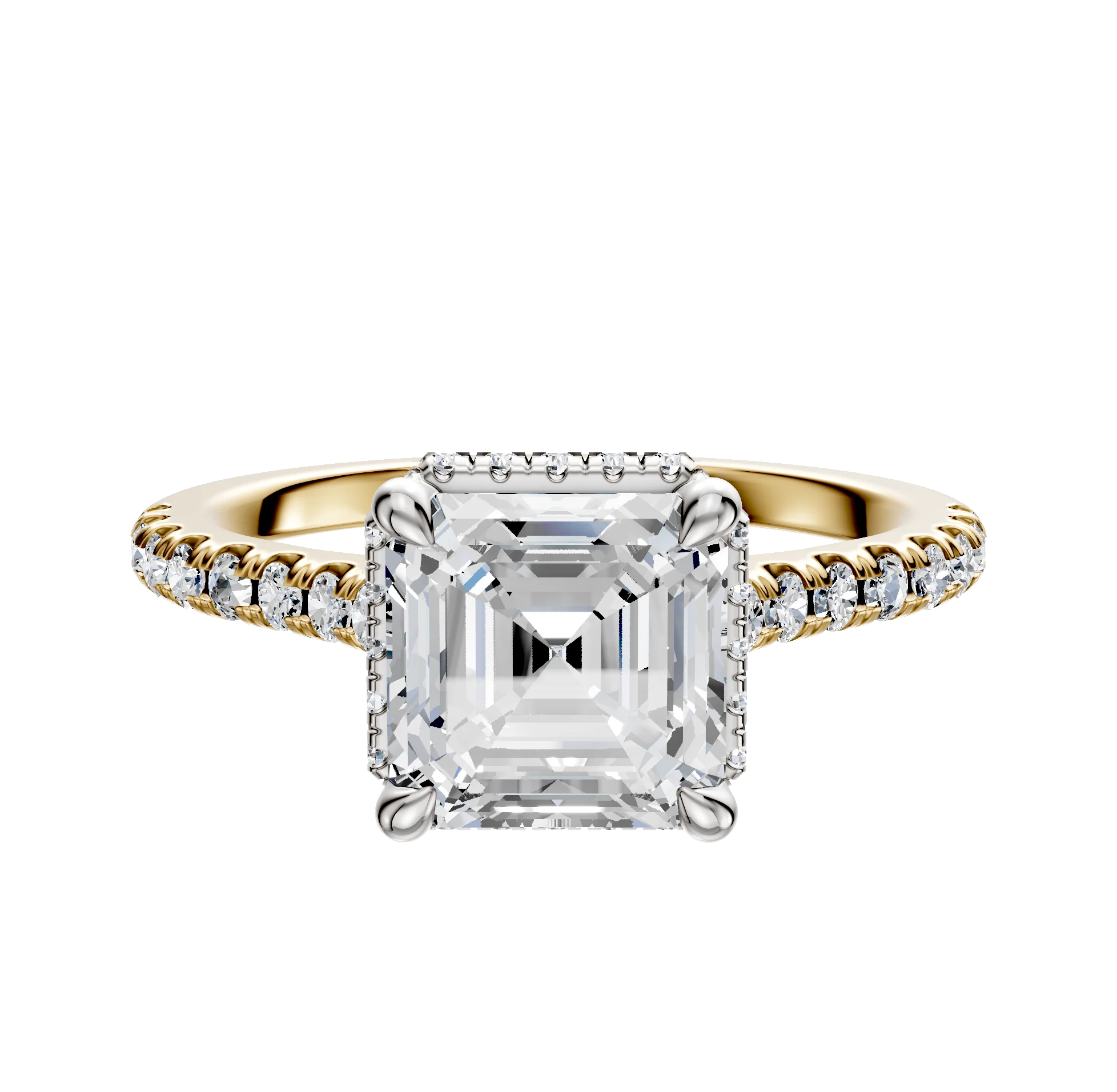 18K Two Tone 4 Prong Collar Cathedral Dome 1-Row-Pave 2.5mm Engagement Ring