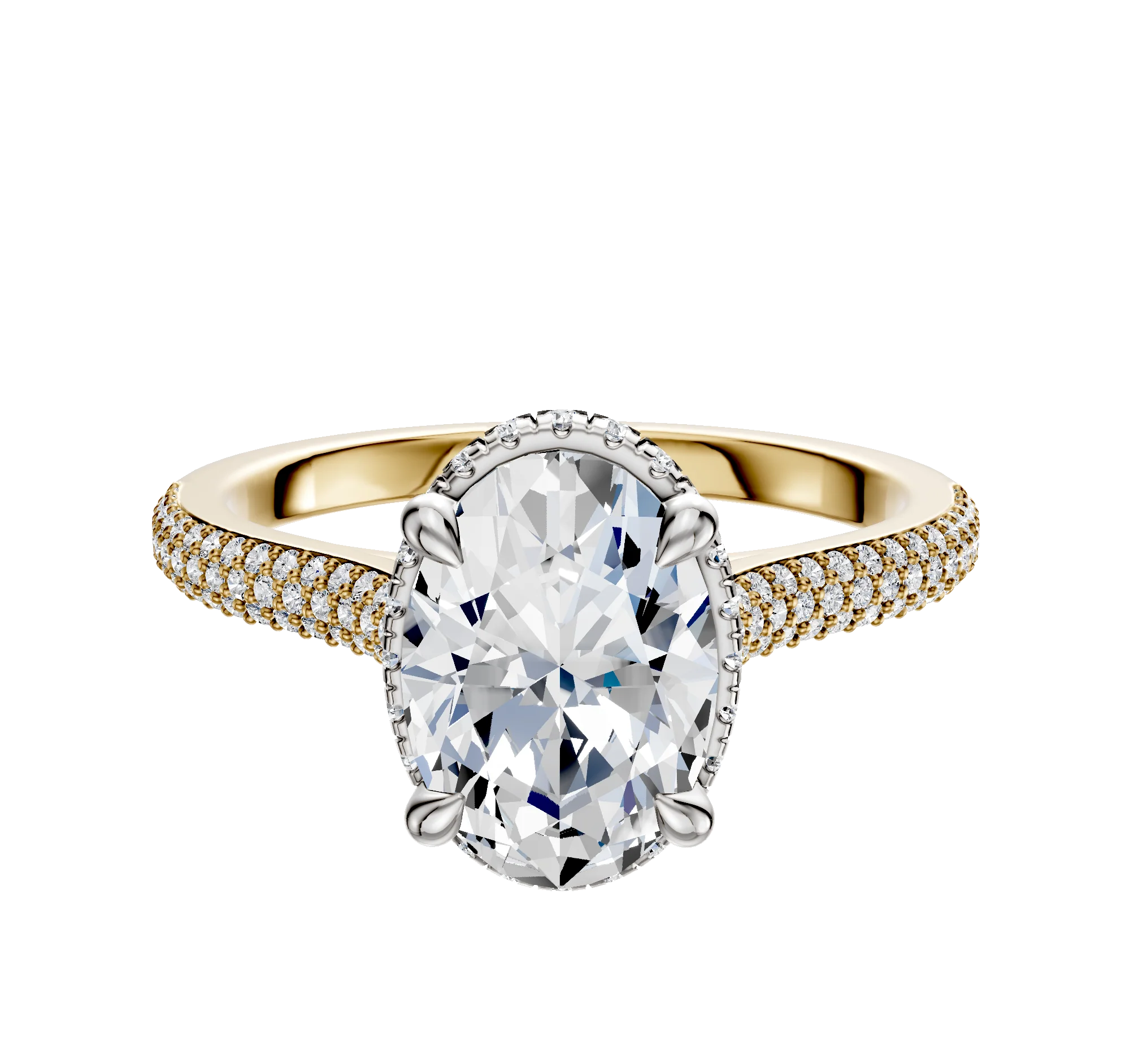 18K Two Tone 4 Prong Collar Cathedral Dome 3-Row-Pave 2.0mm Engagement Ring