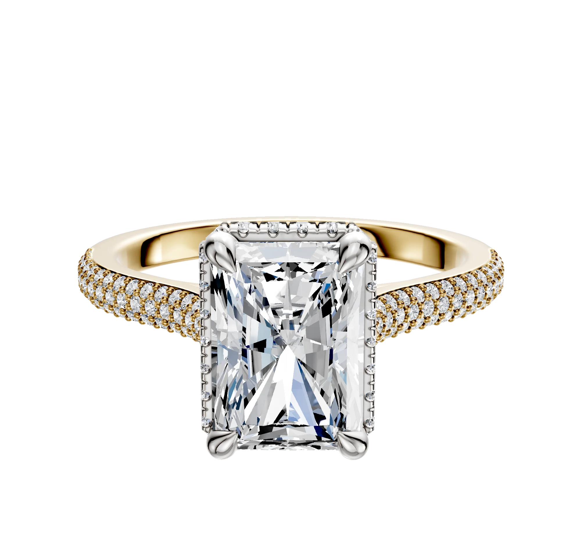 18K Two Tone 4 Prong Collar Cathedral Dome 3-Row-Pave 2.0mm Engagement Ring