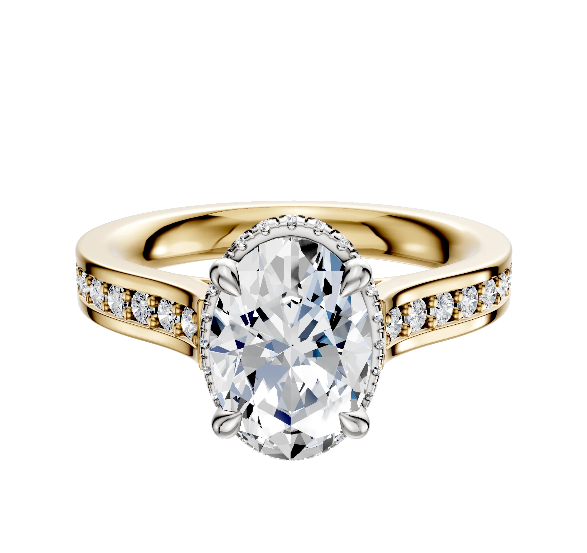 18K Two Tone 4 Prong Collar Cathedral Flat 1-Row-Pave 2.5mm Engagement Ring