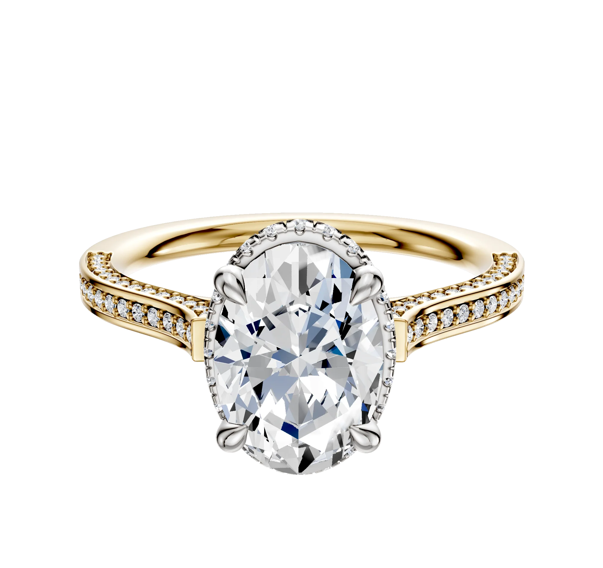 18K Two Tone 4 Prong Collar Cathedral Flat 3-Row-Pave 2.0mm Engagement Ring