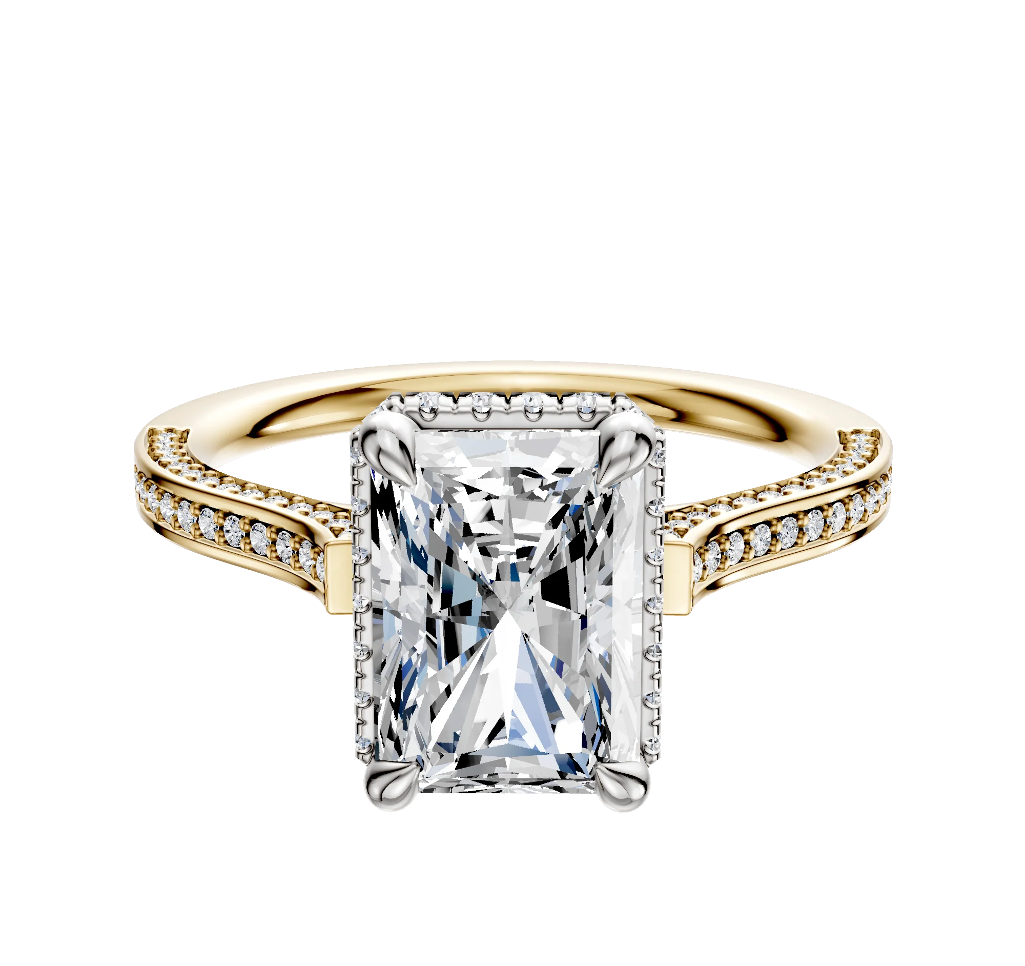 18K Two Tone 4 Prong Collar Cathedral Flat 3-Row-Pave 2.0mm Engagement Ring