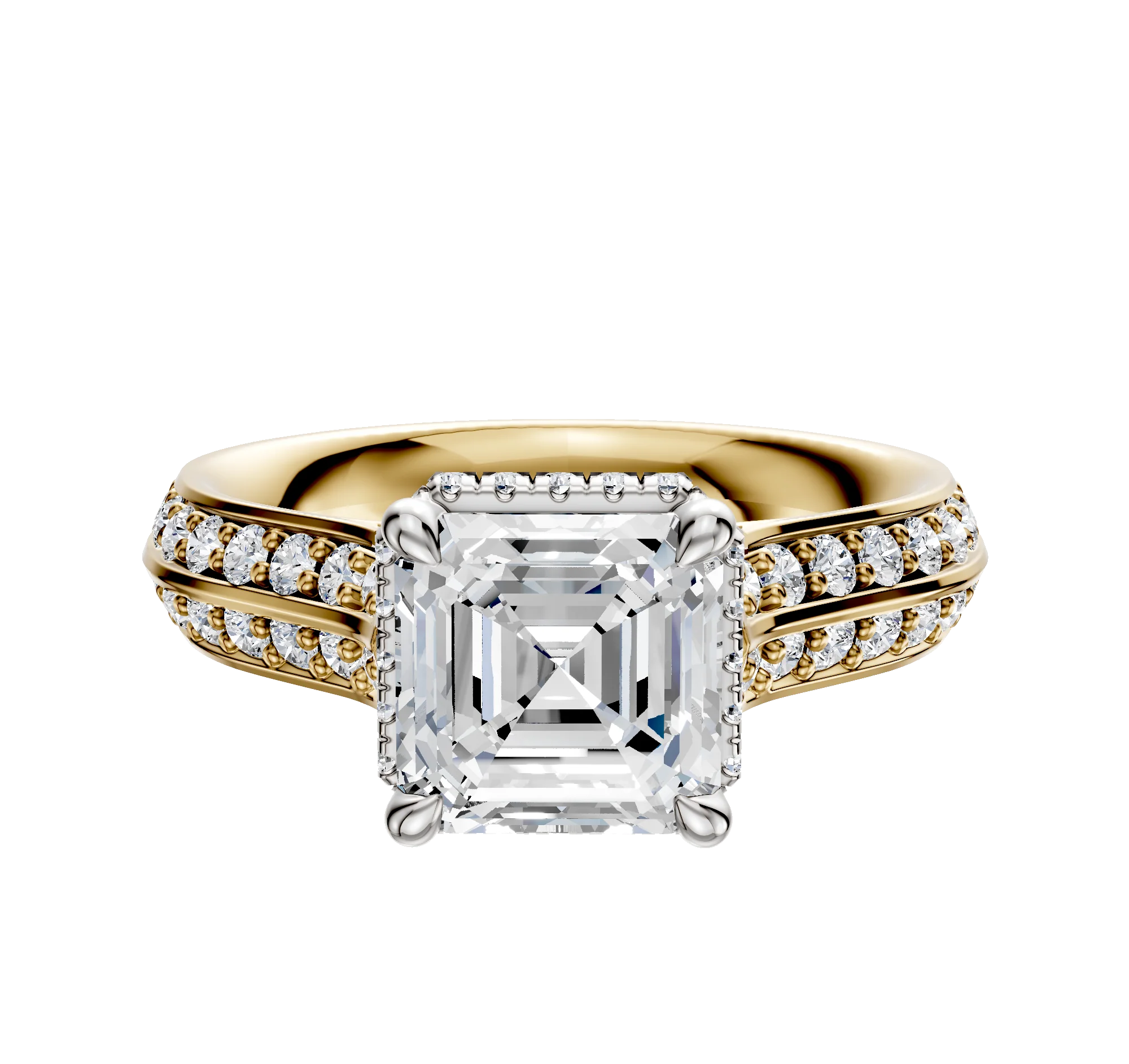 18K Two Tone 4 Prong Collar Cathedral Knife Edge 1-Row-Pave 2.5mm Engagement Ring