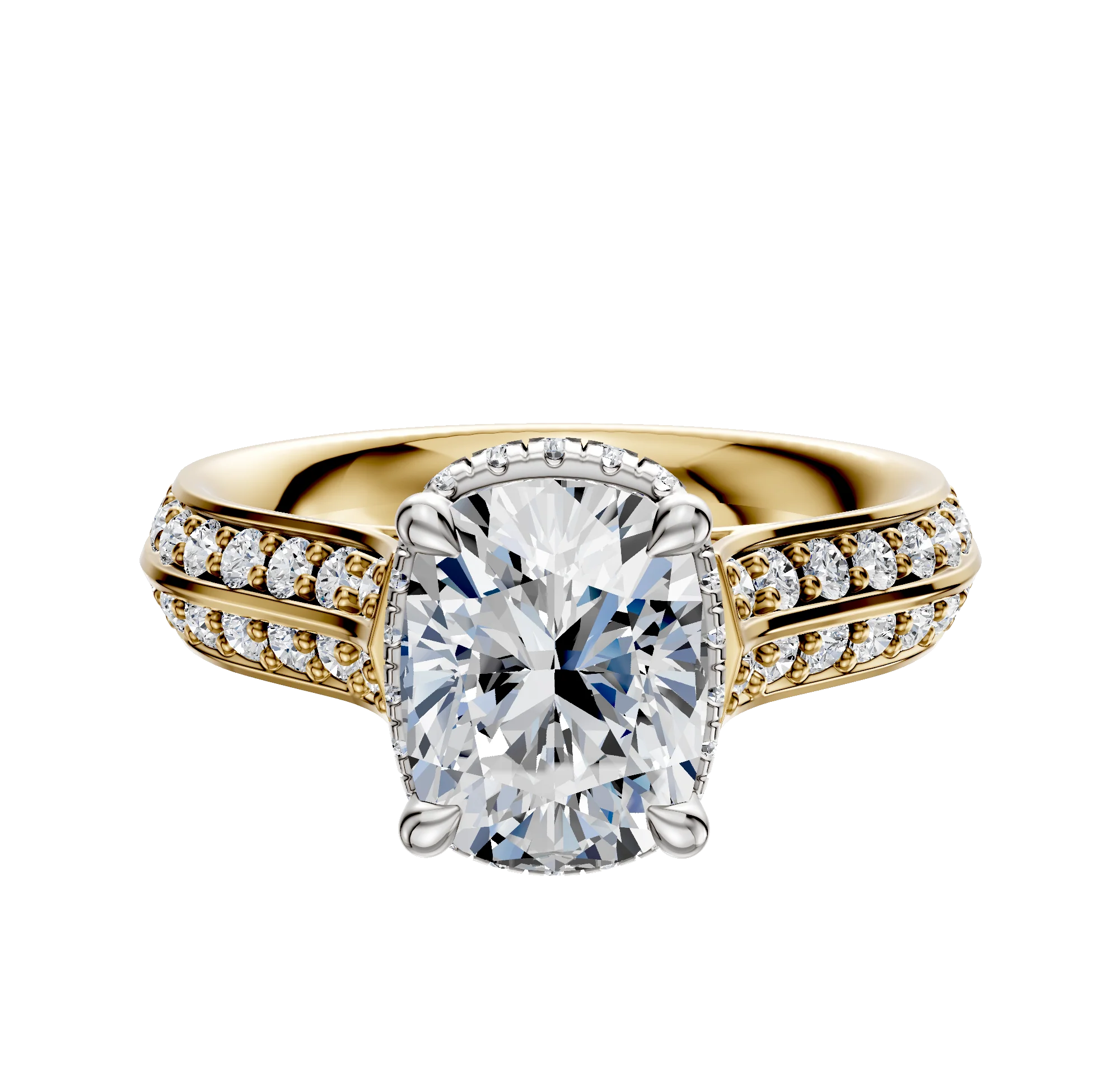 18K Two Tone 4 Prong Collar Cathedral Knife Edge 1-Row-Pave 2.5mm Engagement Ring