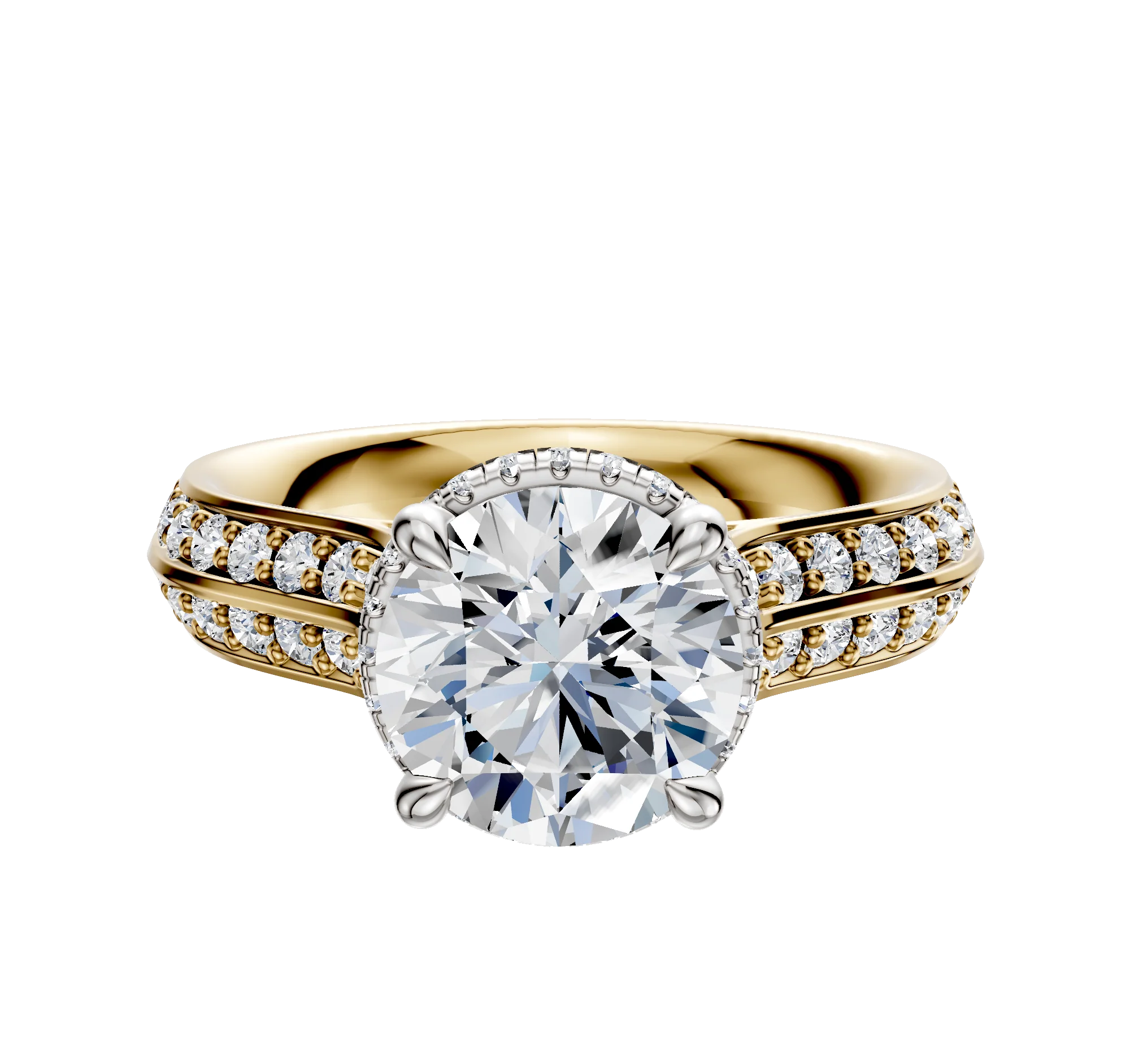 18K Two Tone 4 Prong Collar Cathedral Knife Edge 1-Row-Pave 2.5mm Engagement Ring