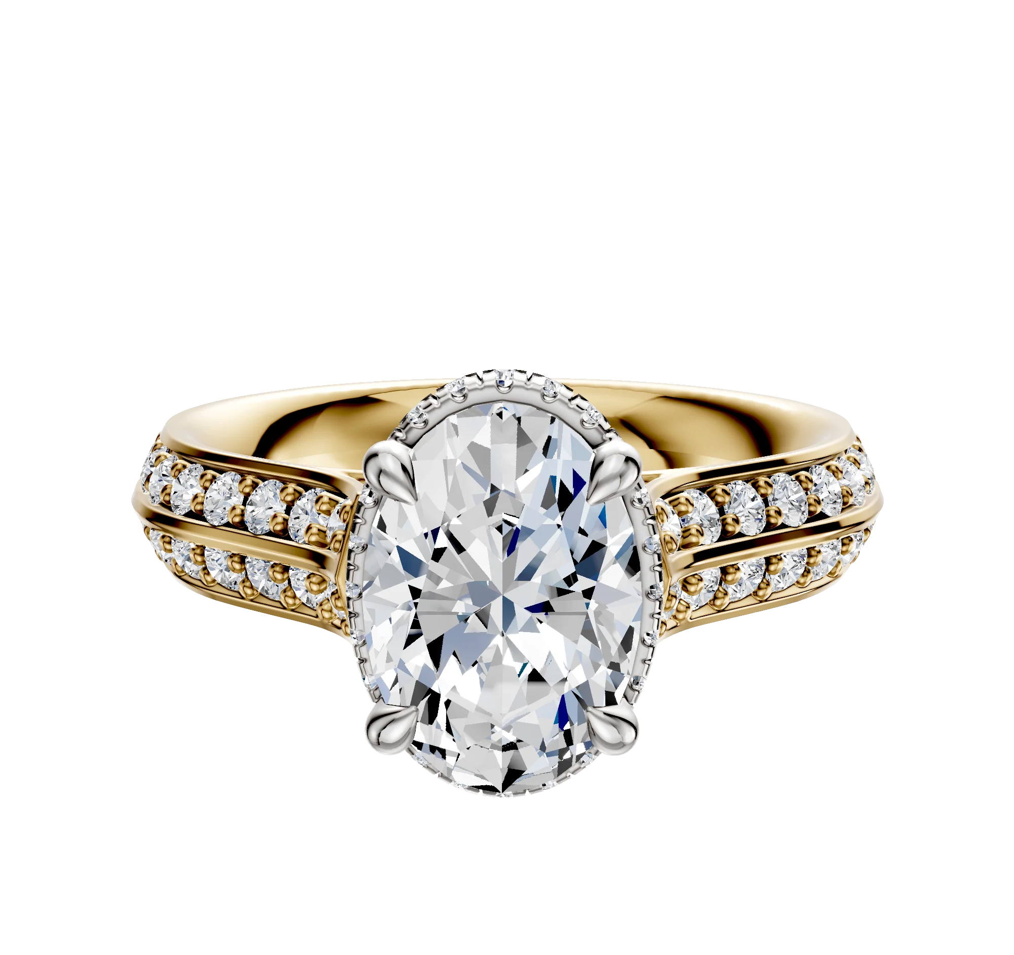 18K Two Tone 4 Prong Collar Cathedral Knife Edge 1-Row-Pave 2.5mm Engagement Ring