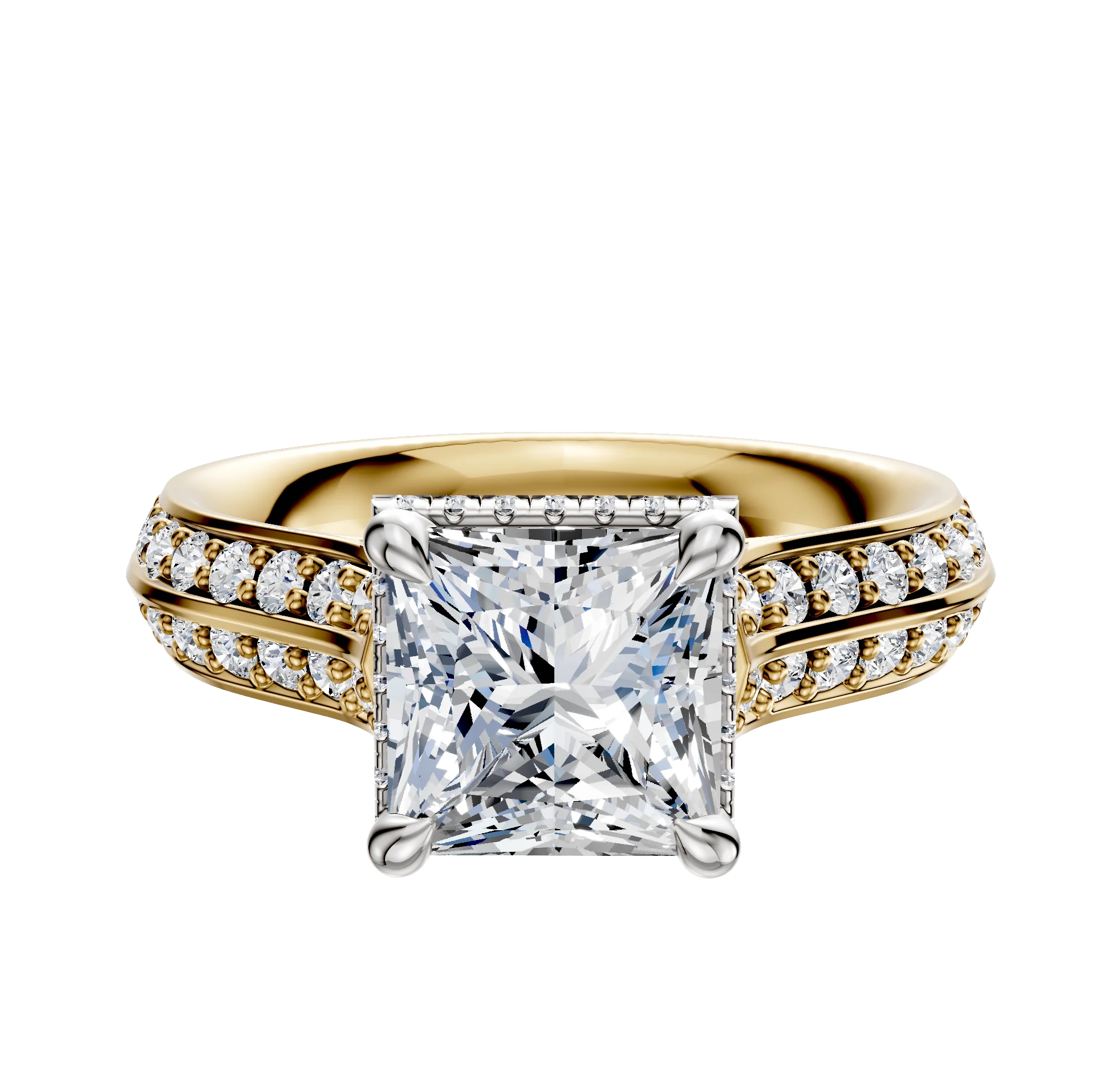 18K Two Tone 4 Prong Collar Cathedral Knife Edge 1-Row-Pave 2.5mm Engagement Ring