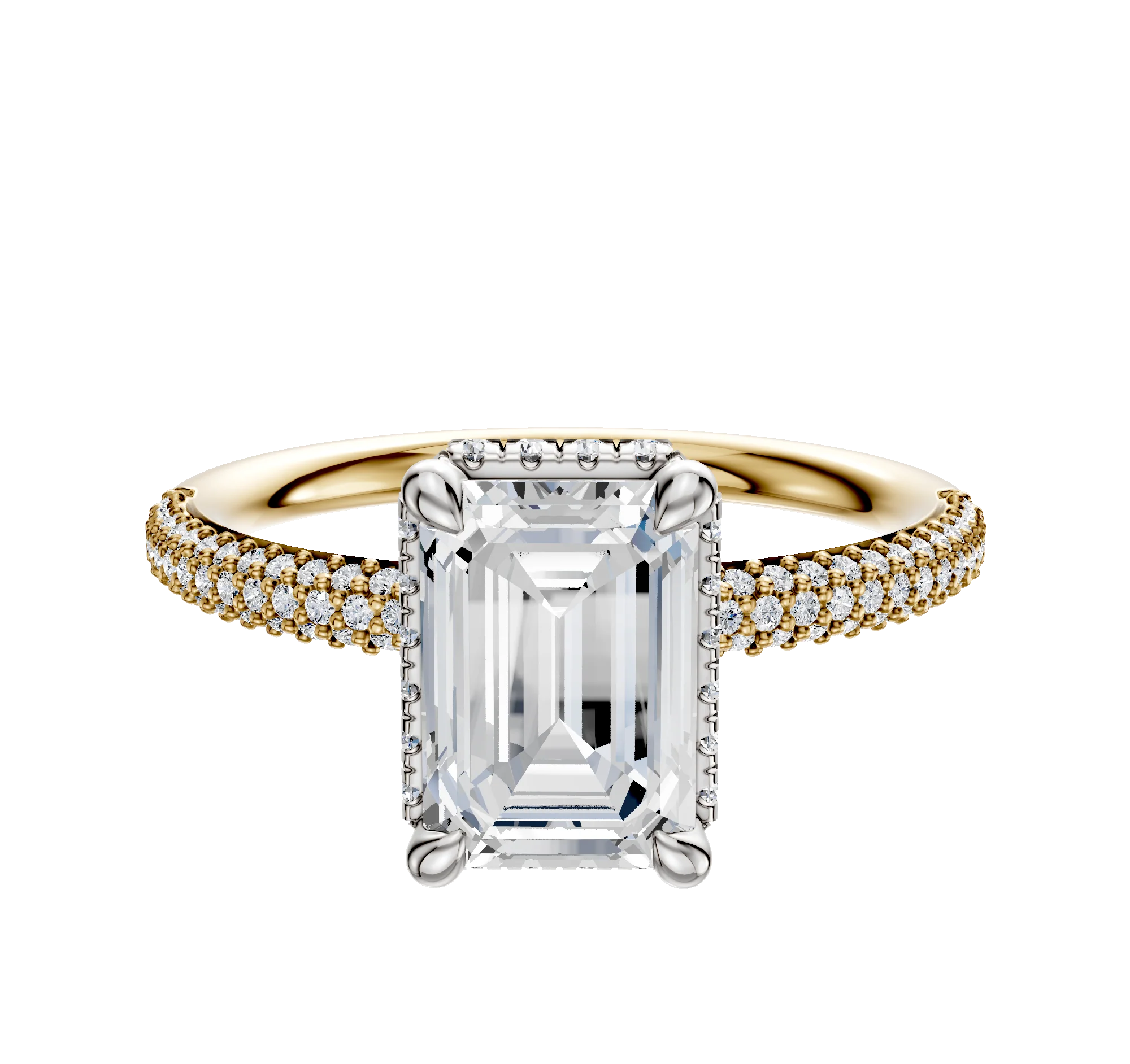 18K Two Tone 4 Prong Collar Classic Dome 3-Row-Pave 2.0mm Engagement Ring