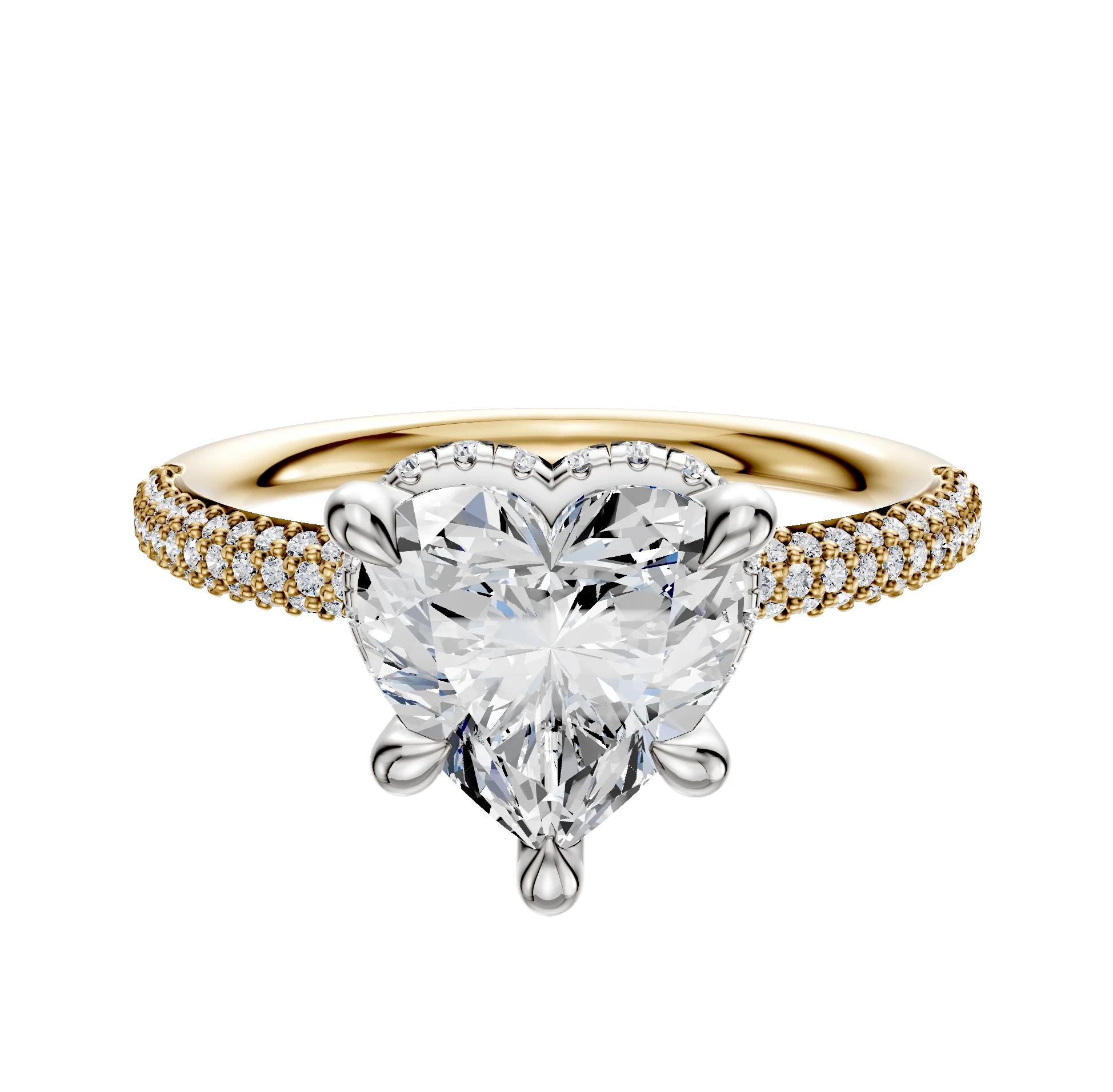 18K Two Tone 4 Prong Collar Classic Dome 3-Row-Pave 2.0mm Engagement Ring