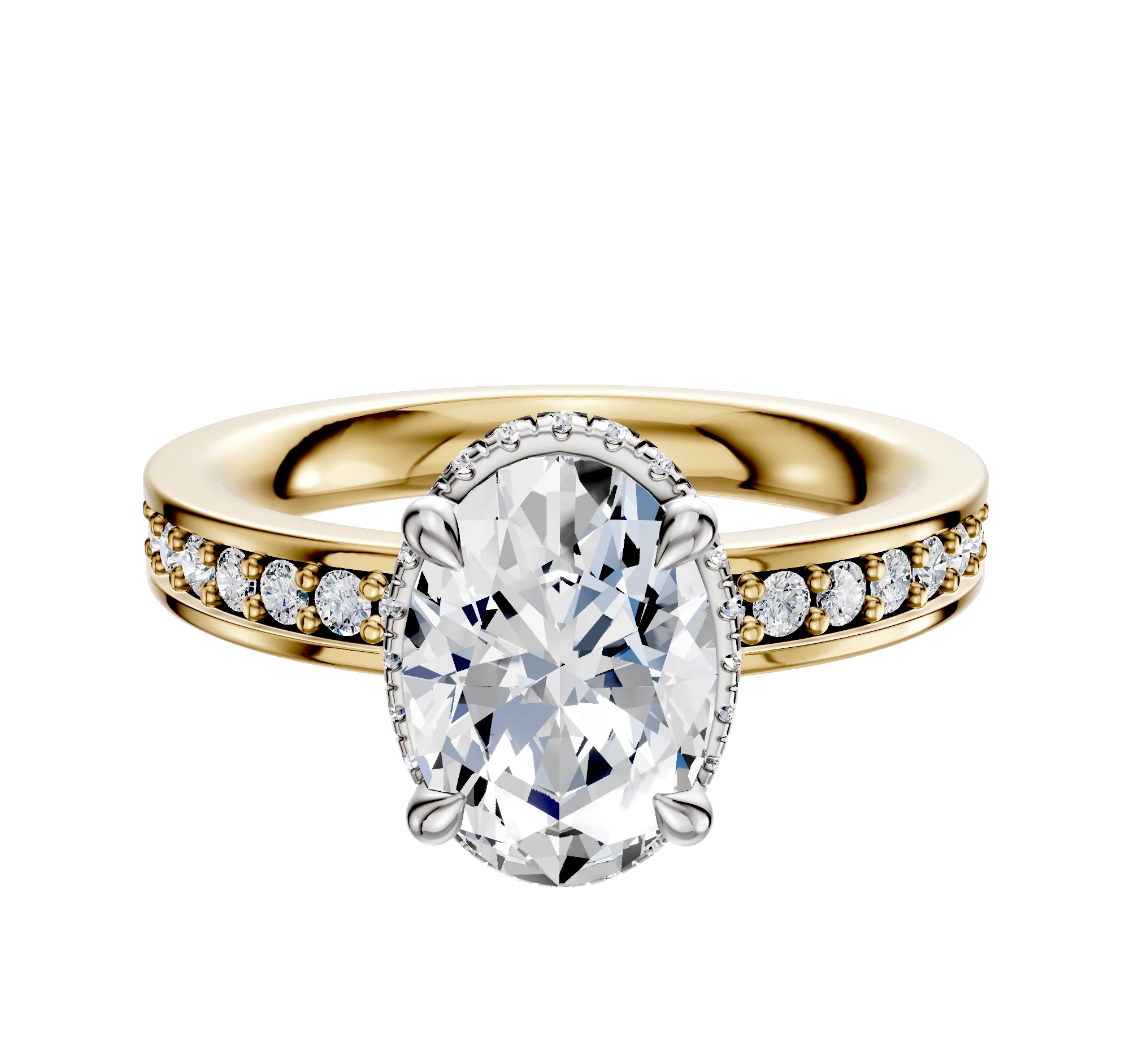 18K Two Tone 4 Prong Collar Classic Flat 1-Row-Pave 2.5mm Engagement Ring