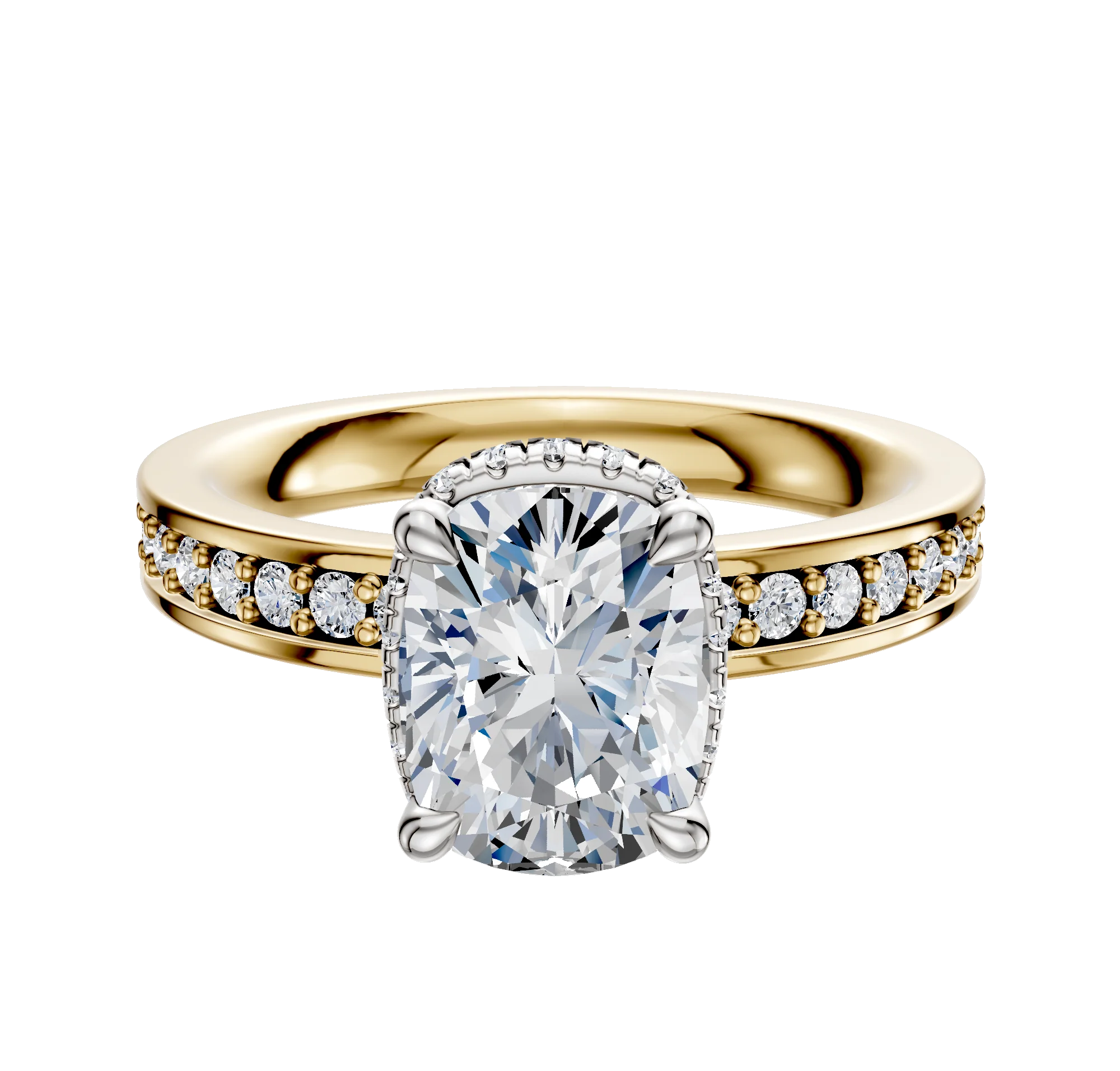18K Two Tone 4 Prong Collar Classic Flat 1-Row-Pave 2.5mm Engagement Ring