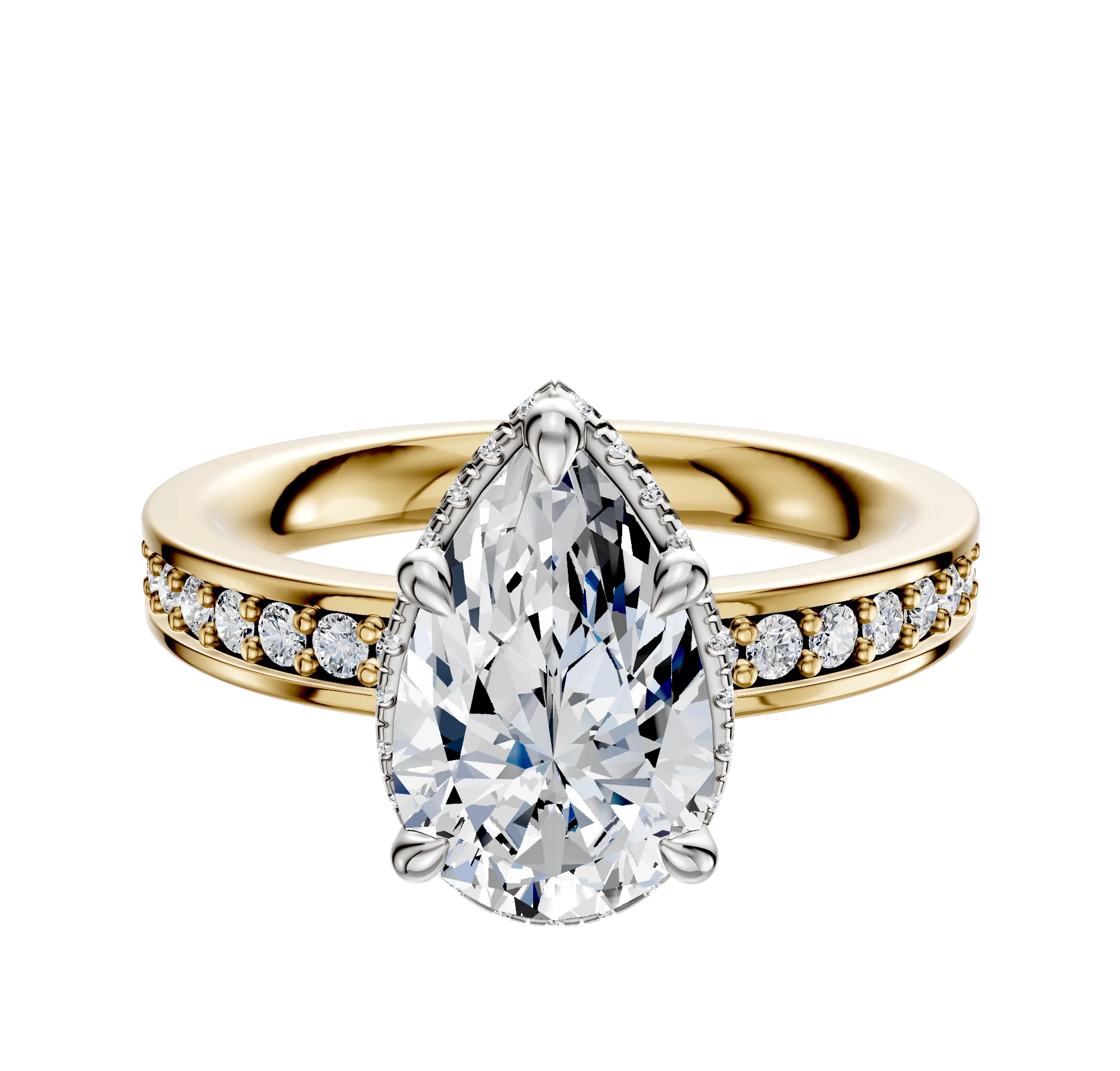 18K Two Tone 4 Prong Collar Classic Flat 1-Row-Pave 2.5mm Engagement Ring