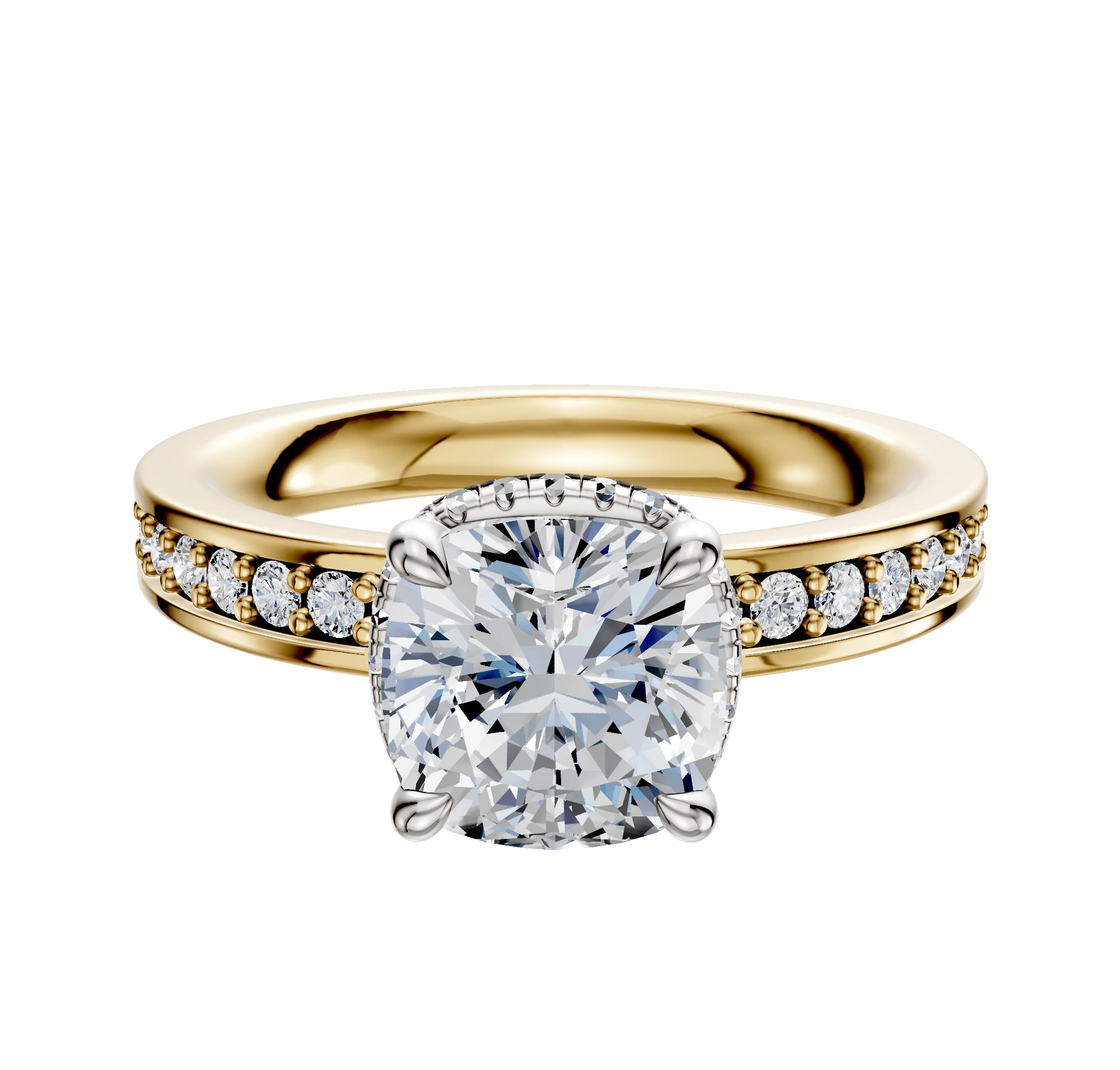 18K Two Tone 4 Prong Collar Classic Flat 1-Row-Pave 2.5mm Engagement Ring