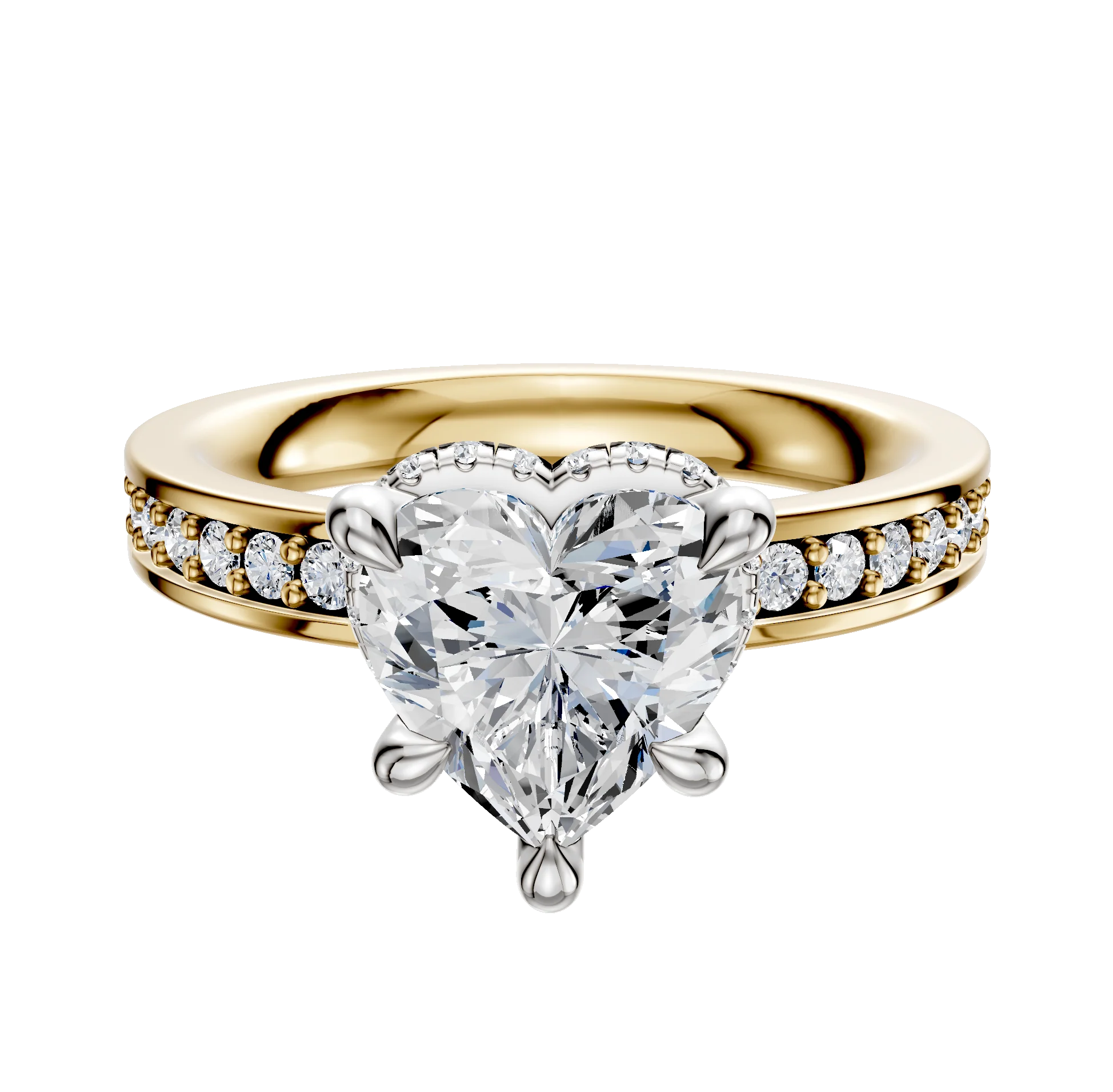 18K Two Tone 4 Prong Collar Classic Flat 1-Row-Pave 2.5mm Engagement Ring