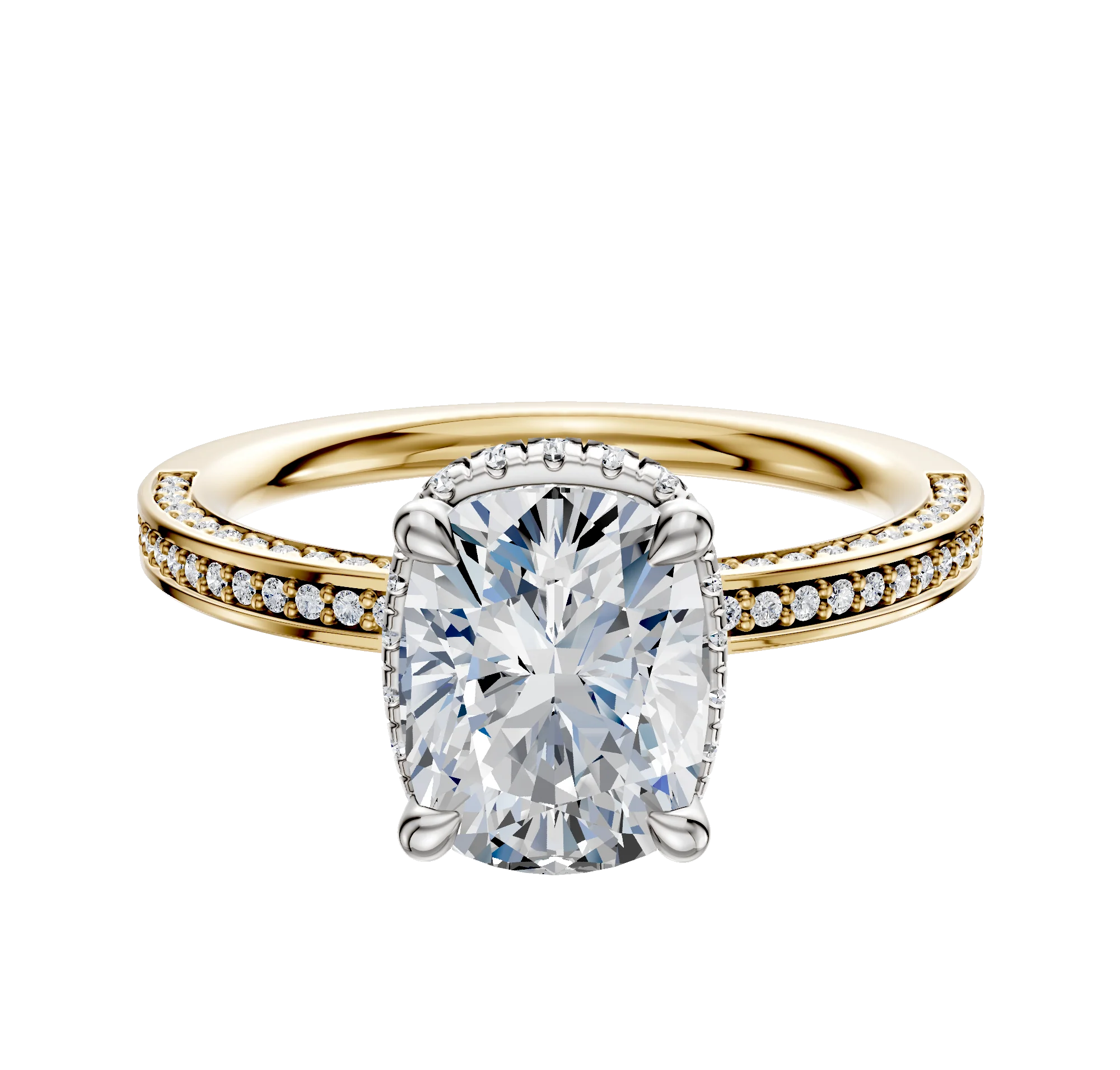 18K Two Tone 4 Prong Collar Classic Flat 3-Row-Pave 2.0mm Engagement Ring