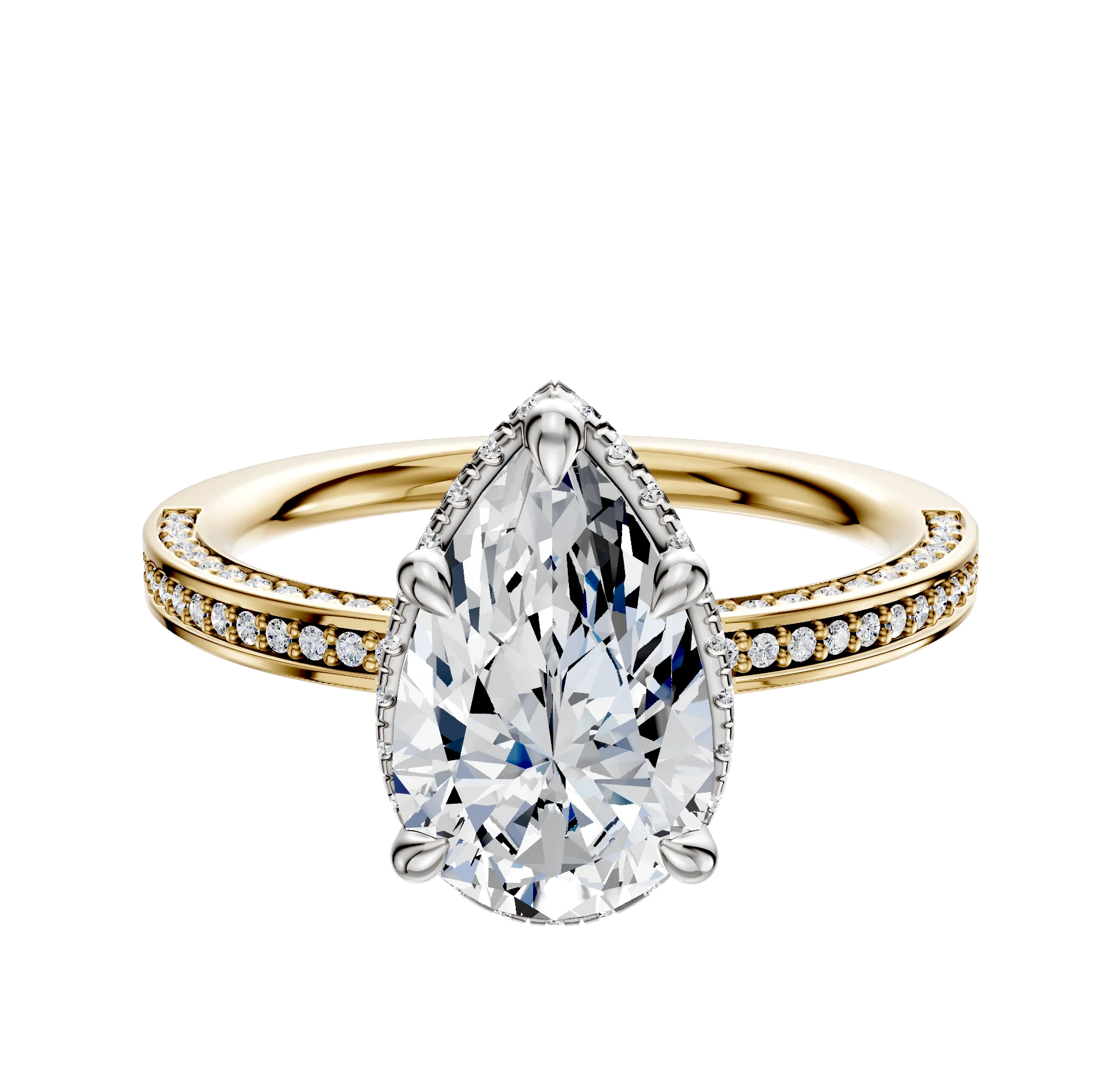 18K Two Tone 4 Prong Collar Classic Flat 3-Row-Pave 2.0mm Engagement Ring