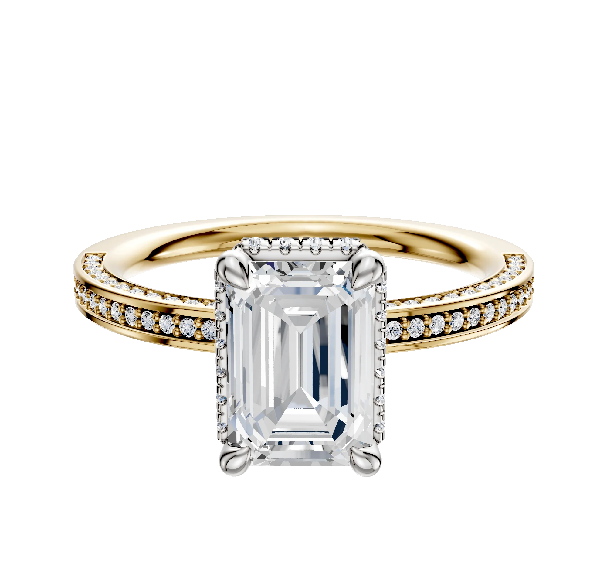 18K Two Tone 4 Prong Collar Classic Flat 3-Row-Pave 2.0mm Engagement Ring