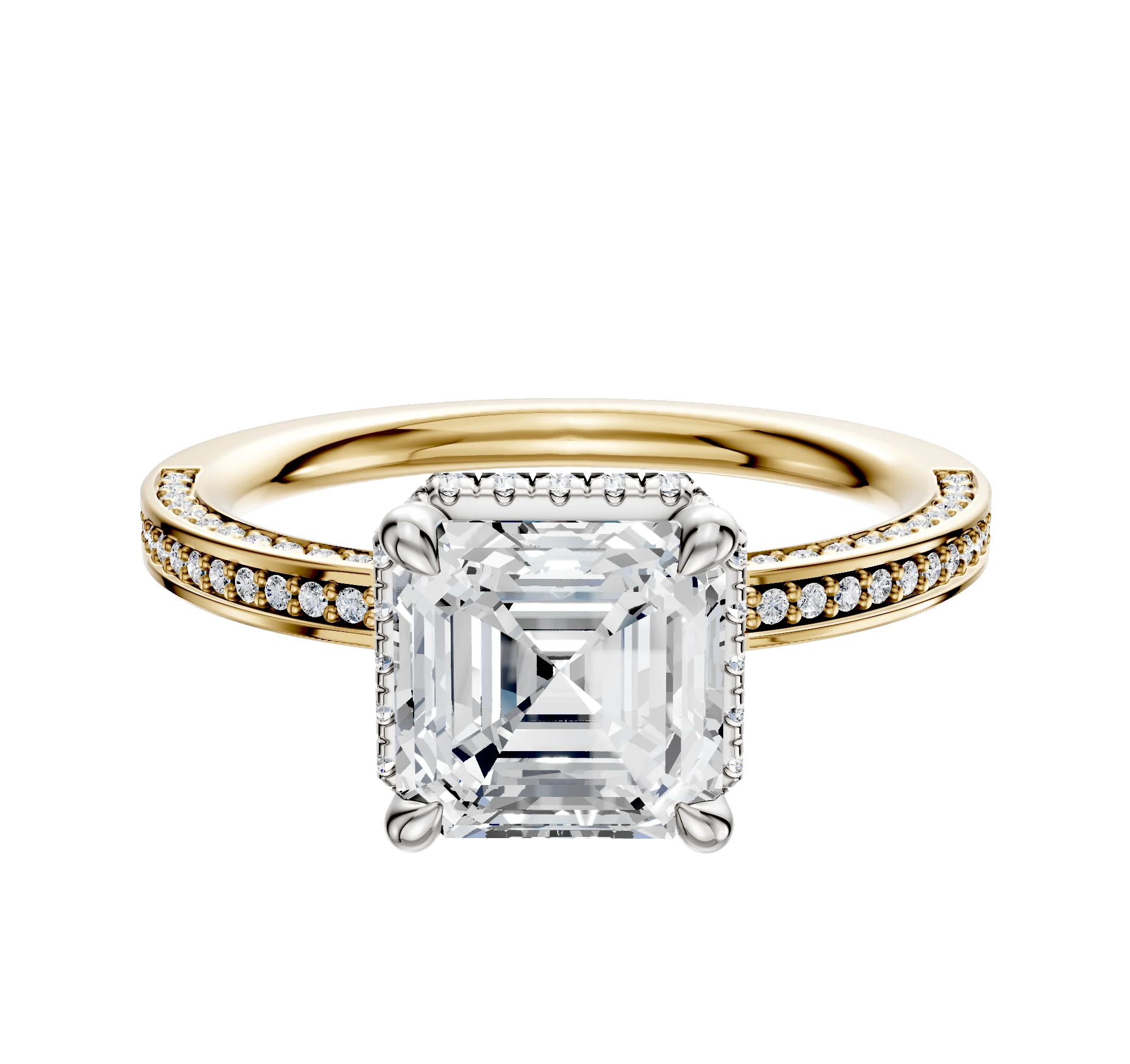 18K Two Tone 4 Prong Collar Classic Flat 3-Row-Pave 2.0mm Engagement Ring