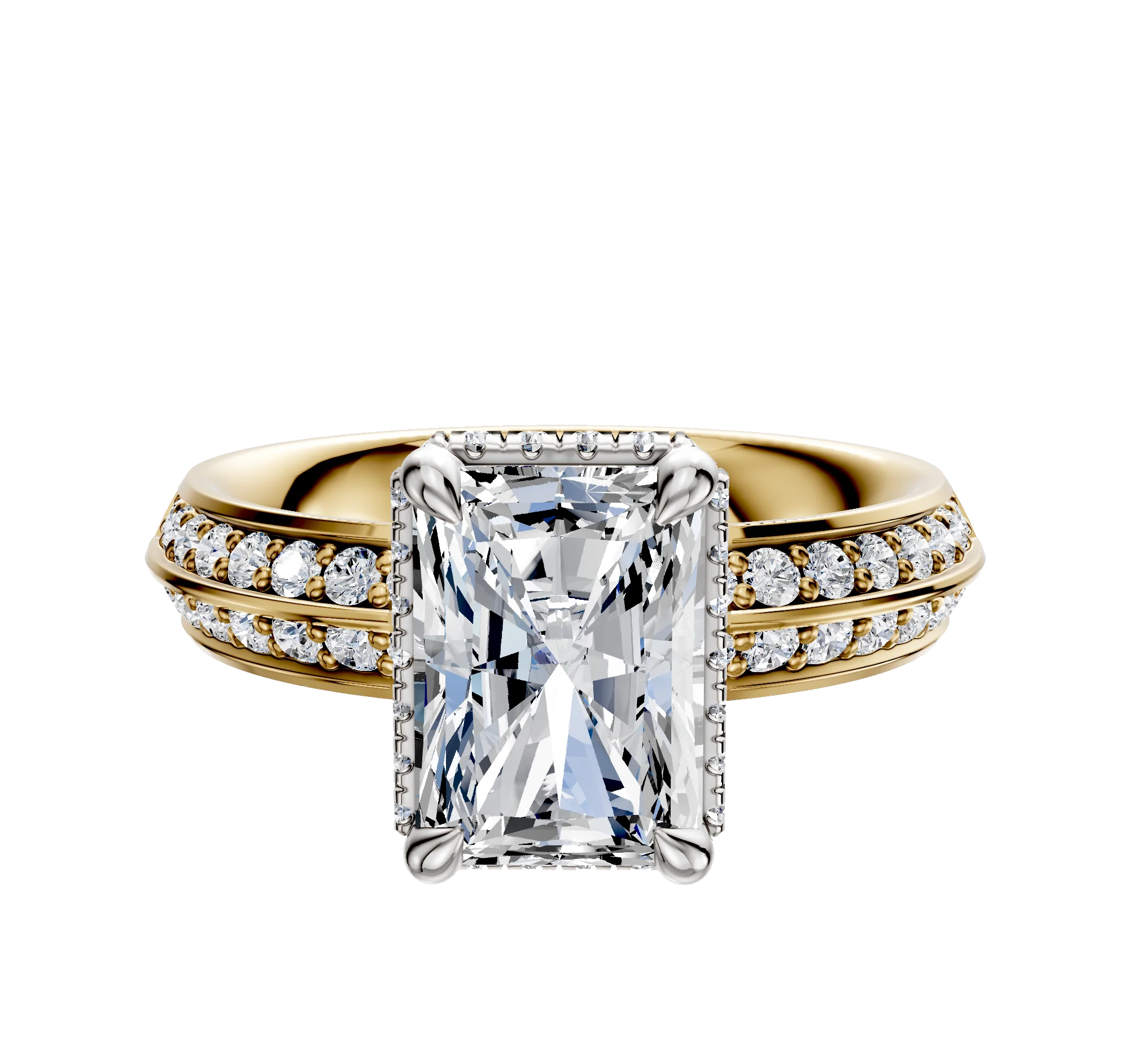 18K Two Tone 4 Prong Collar Classic Knife Edge 1-Row-Pave 2.5mm Engagement Ring