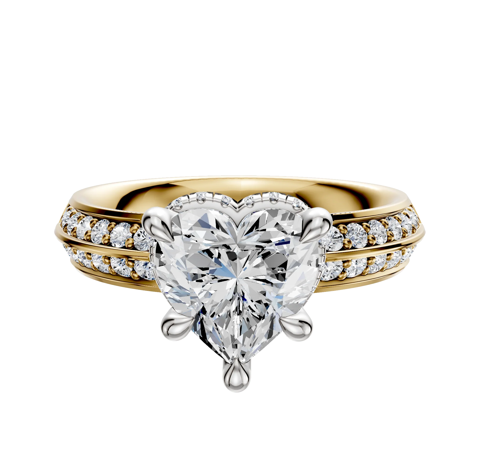 18K Two Tone 4 Prong Collar Classic Knife Edge 1-Row-Pave 2.5mm Engagement Ring