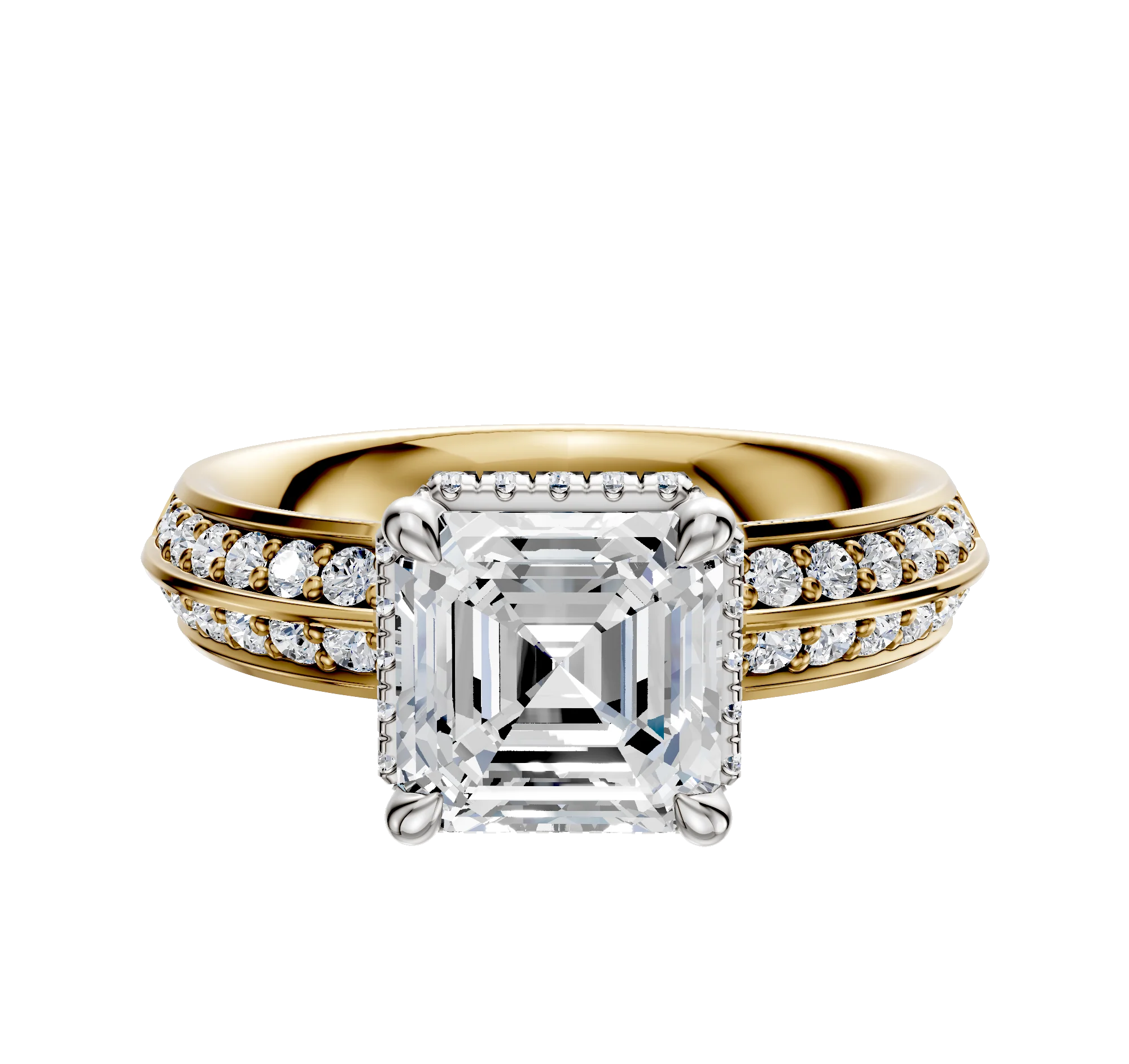 18K Two Tone 4 Prong Collar Classic Knife Edge 1-Row-Pave 2.5mm Engagement Ring