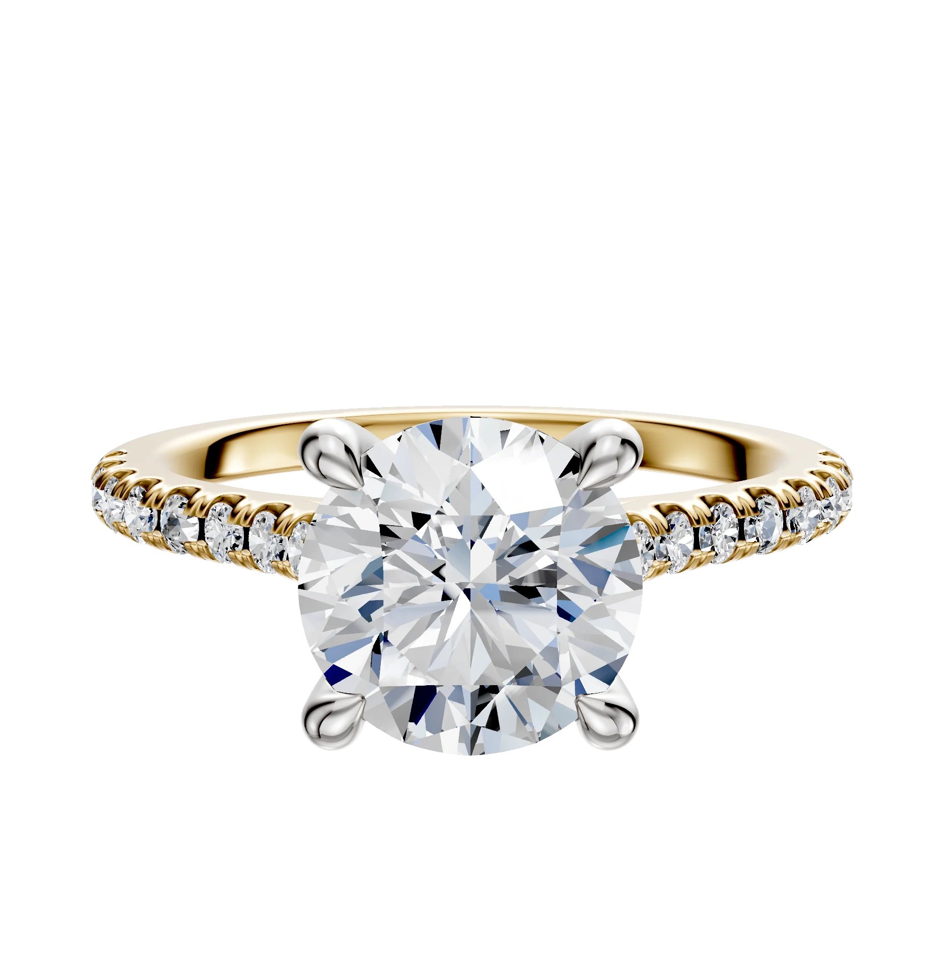 18K Two Tone 4 Prong Hidden Halo Cathedral Dome 1-Row-Pave 2.5mm Engagement Ring