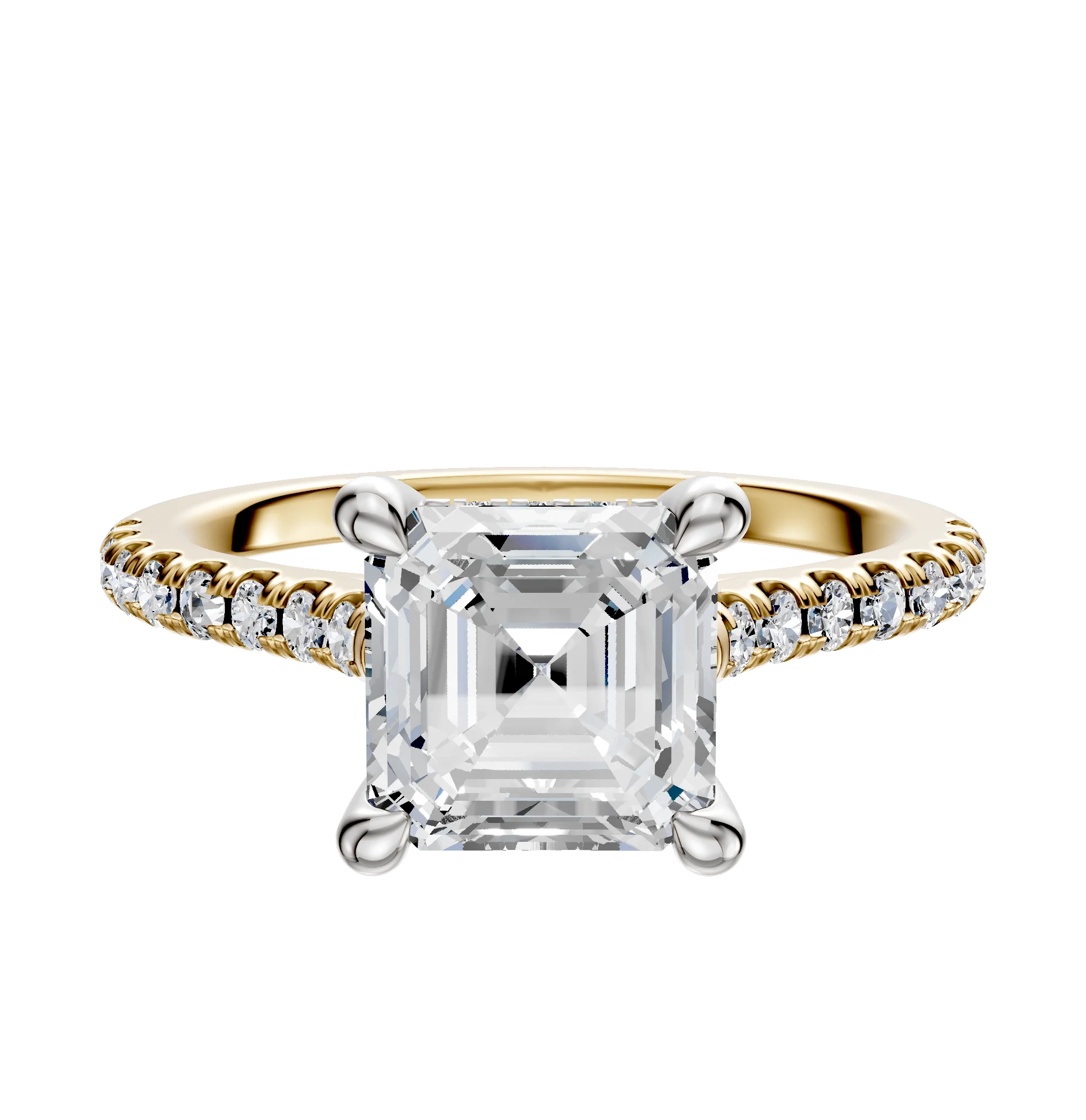 18K Two Tone 4 Prong Hidden Halo Cathedral Dome 1-Row-Pave 2.5mm Engagement Ring