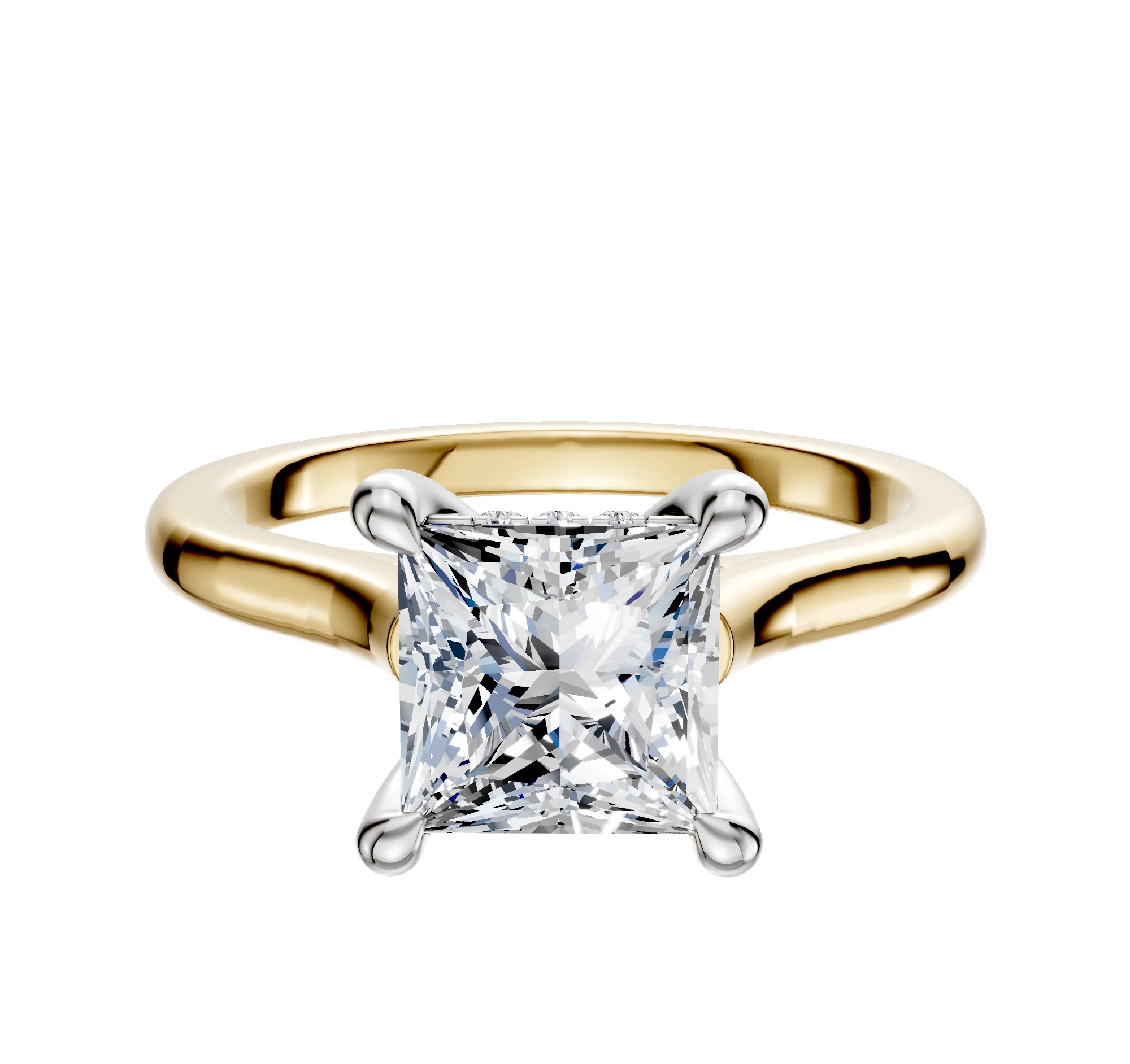 18K Two Tone 4 Prong Hidden Halo Cathedral Dome 2.0mm Engagement Ring