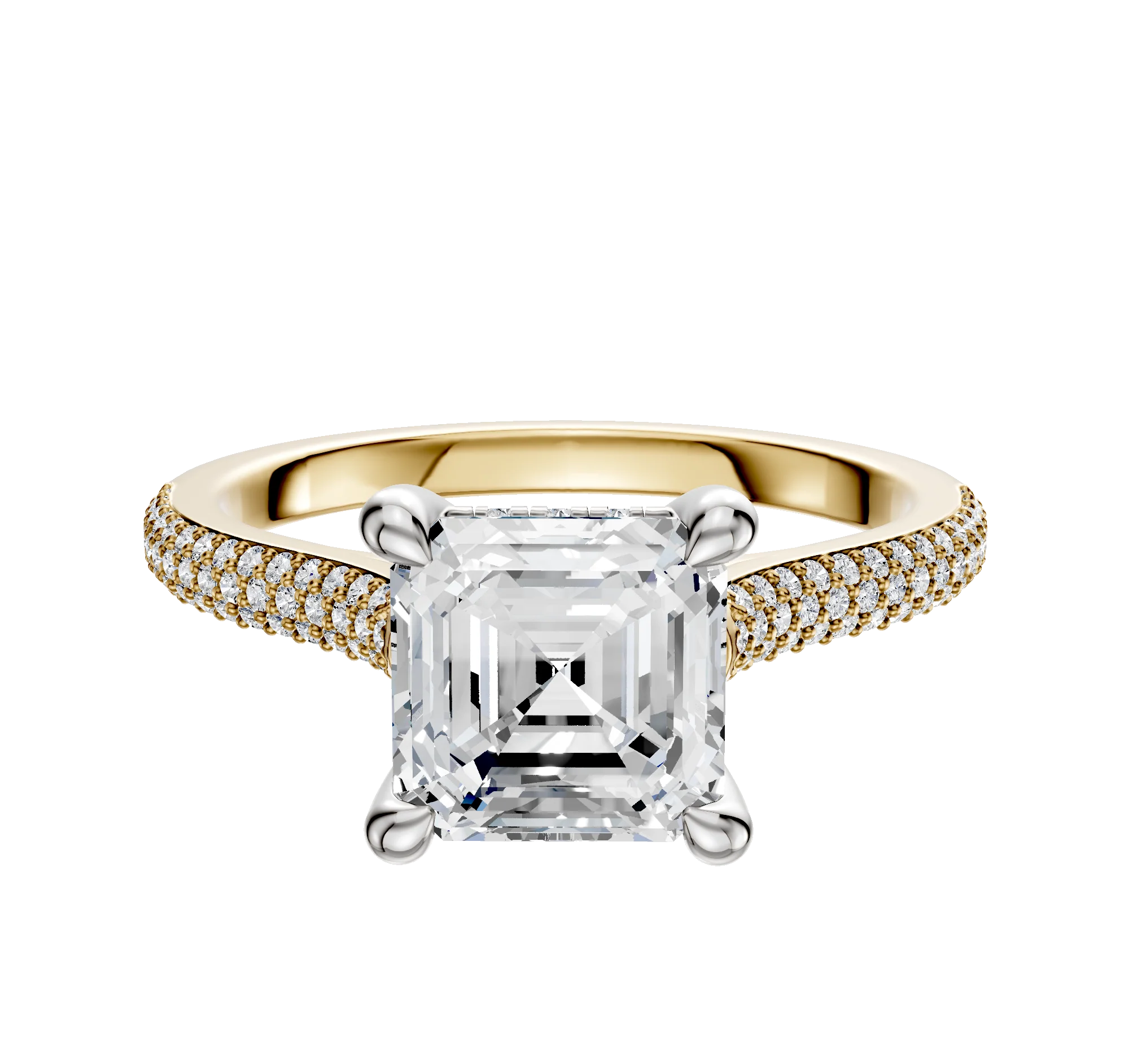 18K Two Tone 4 Prong Hidden Halo Cathedral Dome 3-Row-Pave 2.0mm Engagement Ring