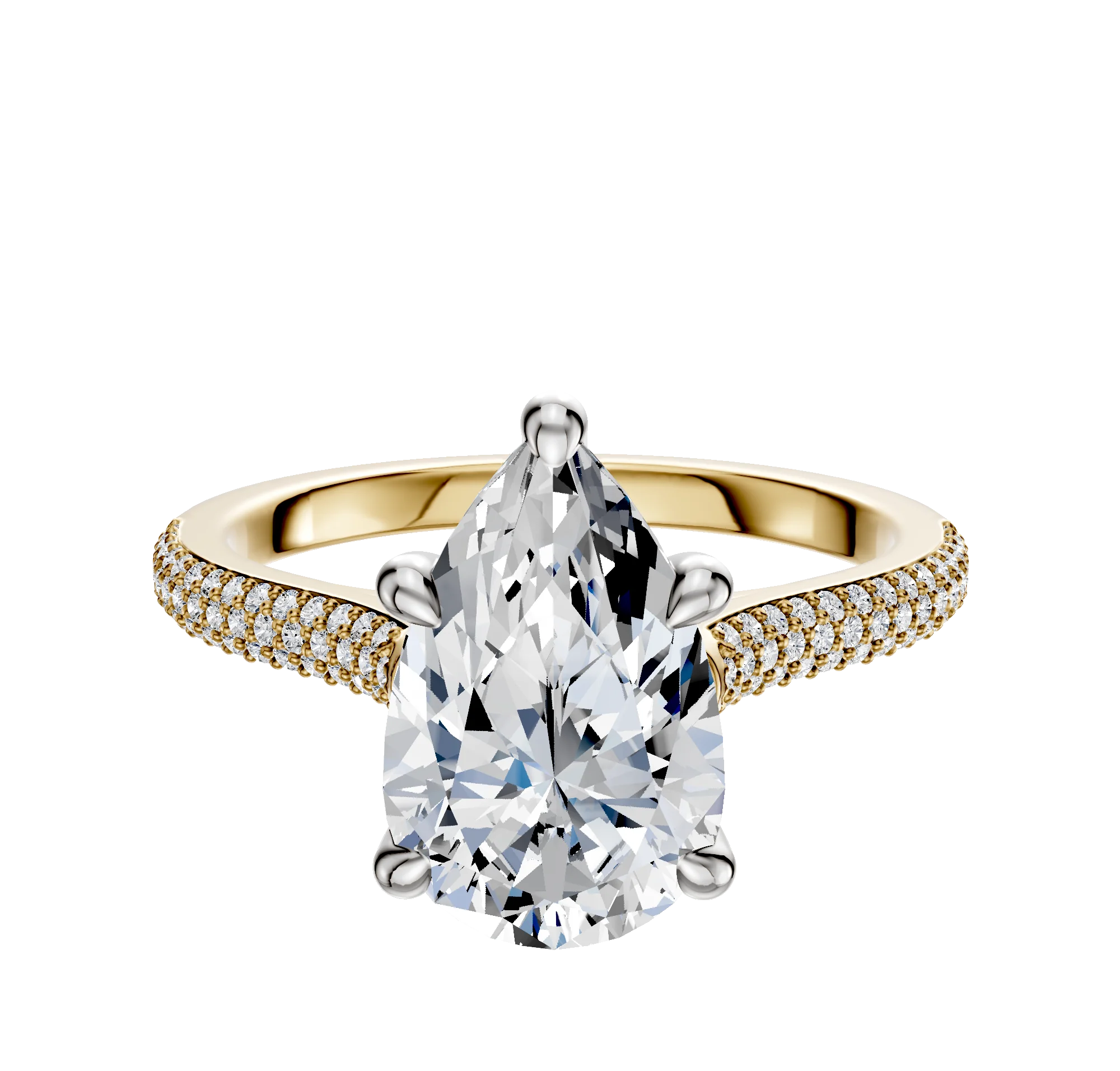 18K Two Tone 4 Prong Hidden Halo Cathedral Dome 3-Row-Pave 2.0mm Engagement Ring