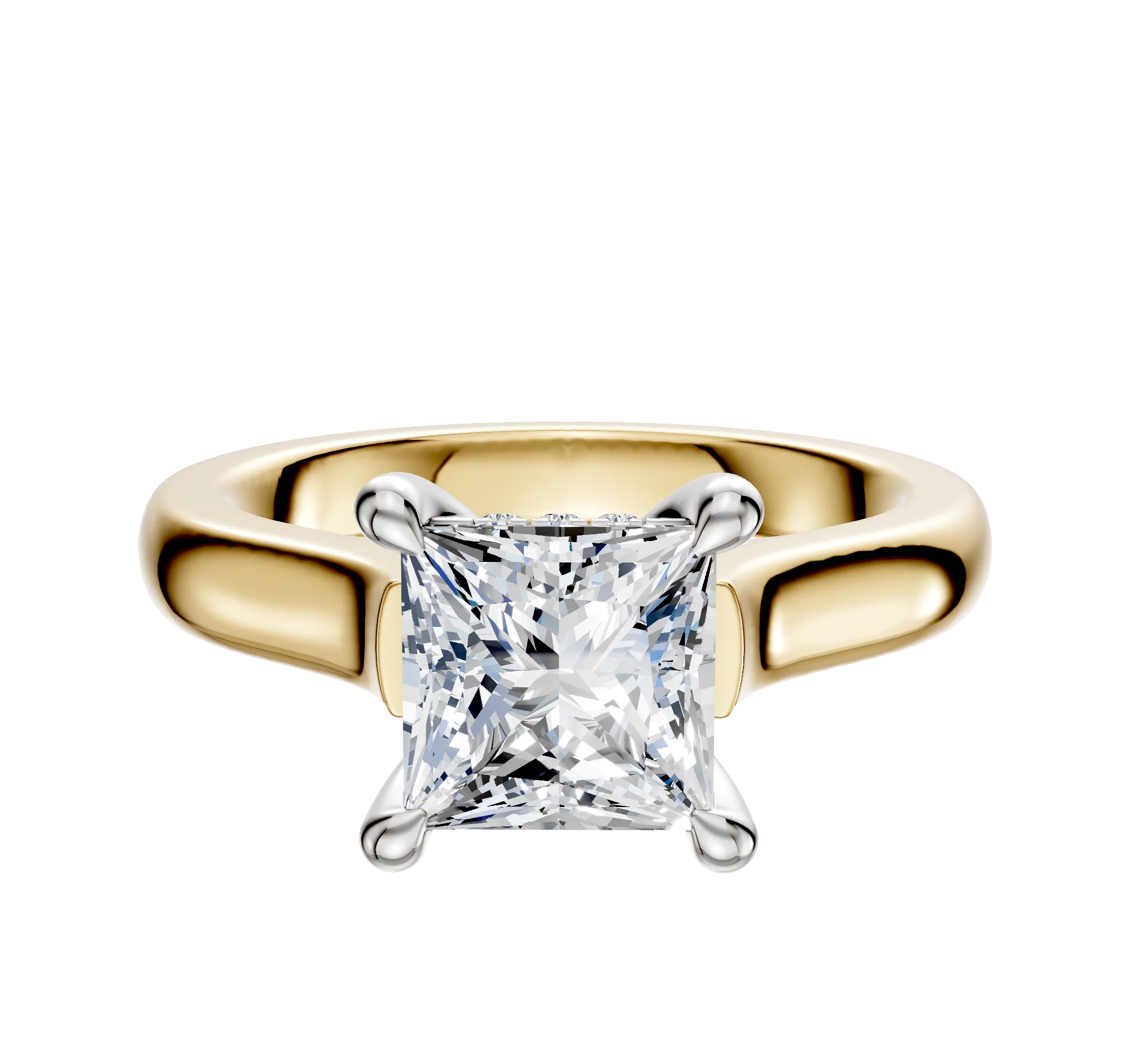 18K Two Tone 4 Prong Hidden Halo Cathedral Dome 3.0mm Engagement Ring