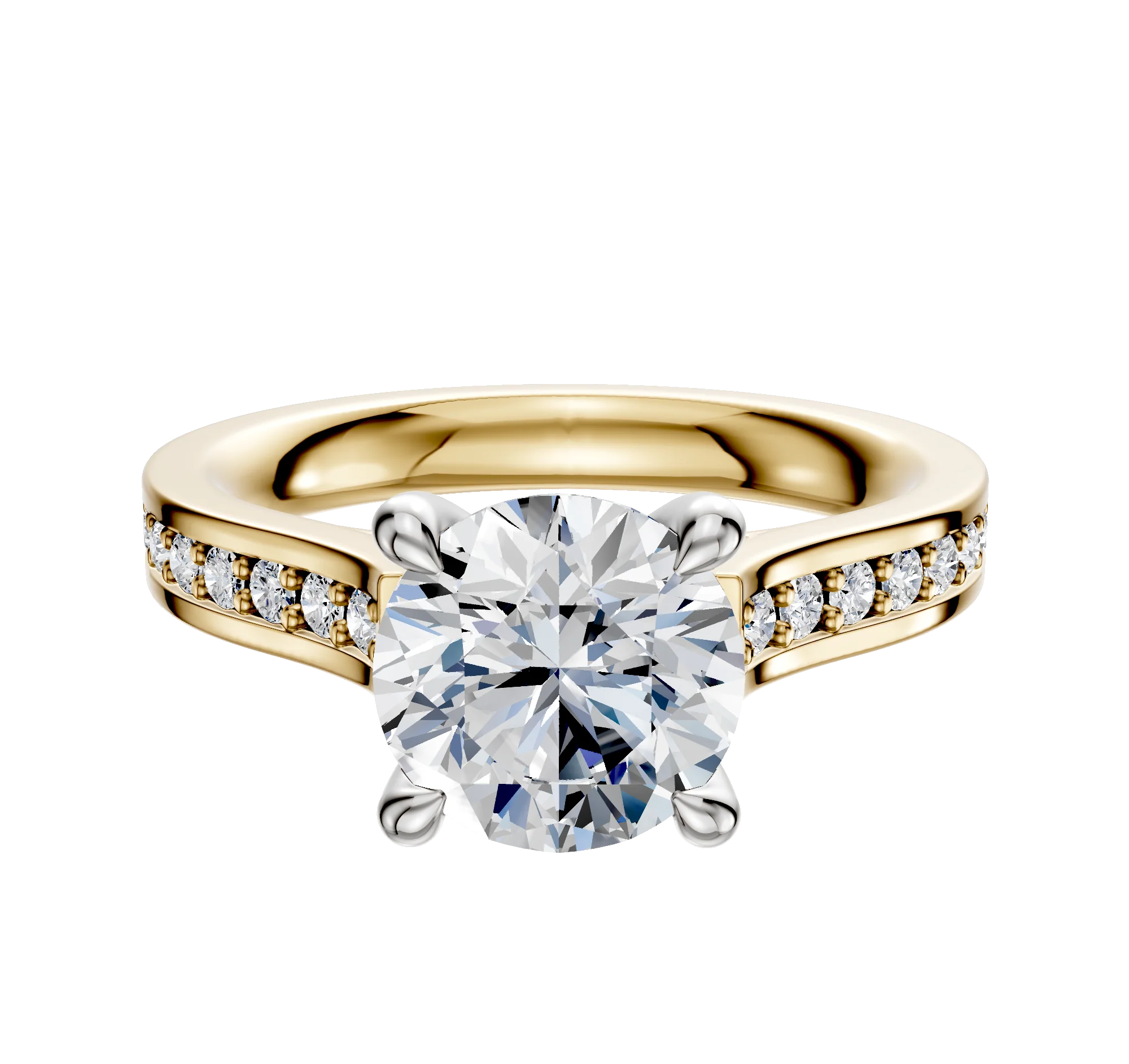 18K Two Tone 4 Prong Hidden Halo Cathedral Flat 1-Row-Pave 2.5mm Engagement Ring
