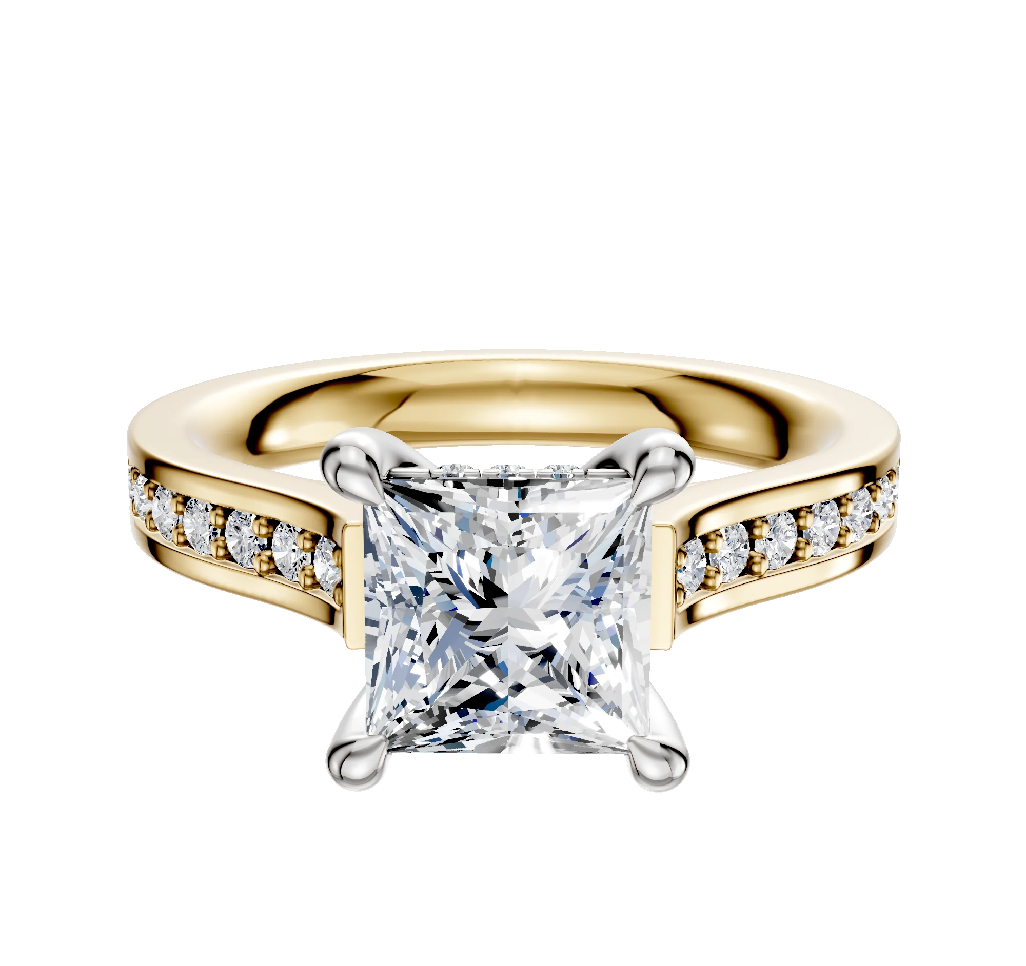 18K Two Tone 4 Prong Hidden Halo Cathedral Flat 1-Row-Pave 2.5mm Engagement Ring