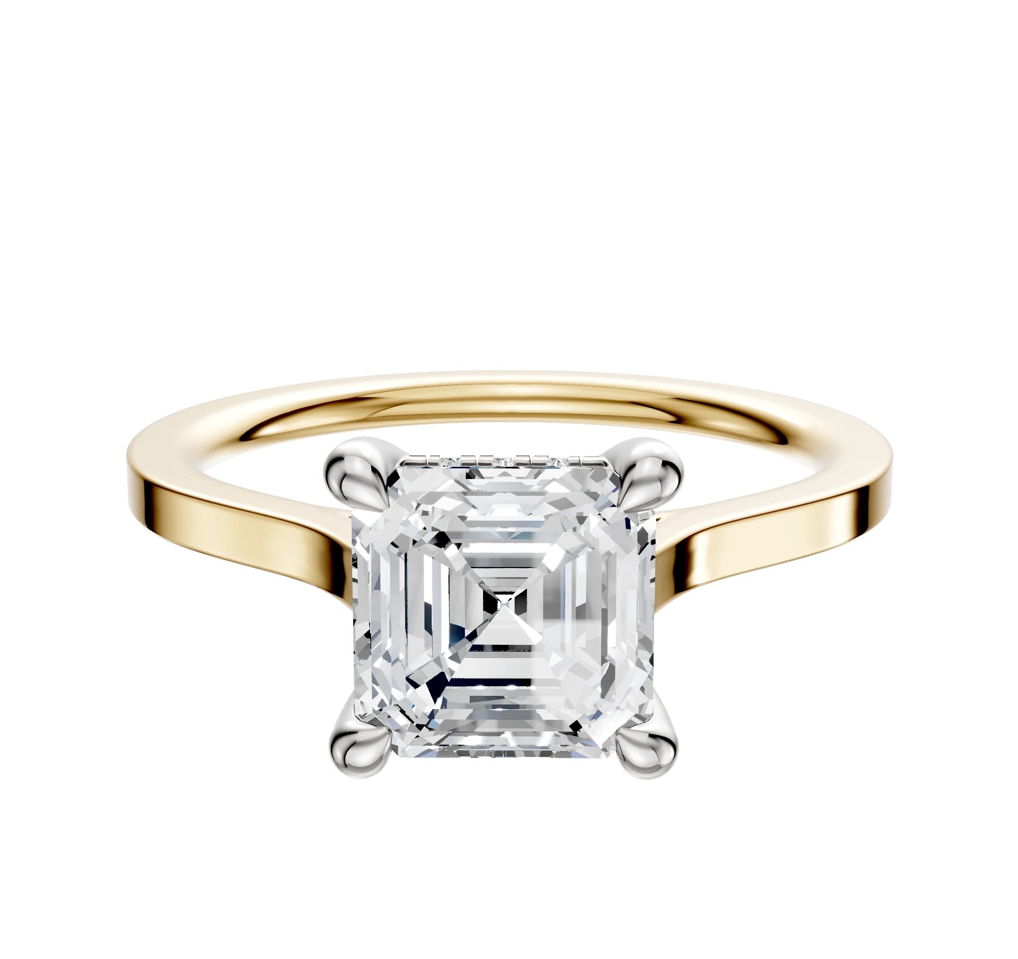 18K Two Tone 4 Prong Hidden Halo Cathedral Flat 1.5mm Engagement Ring