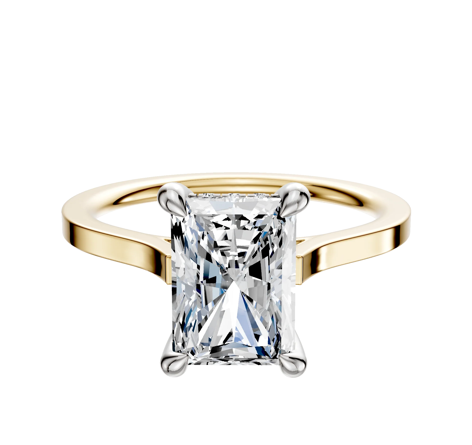 18K Two Tone 4 Prong Hidden Halo Cathedral Flat 1.5mm Engagement Ring