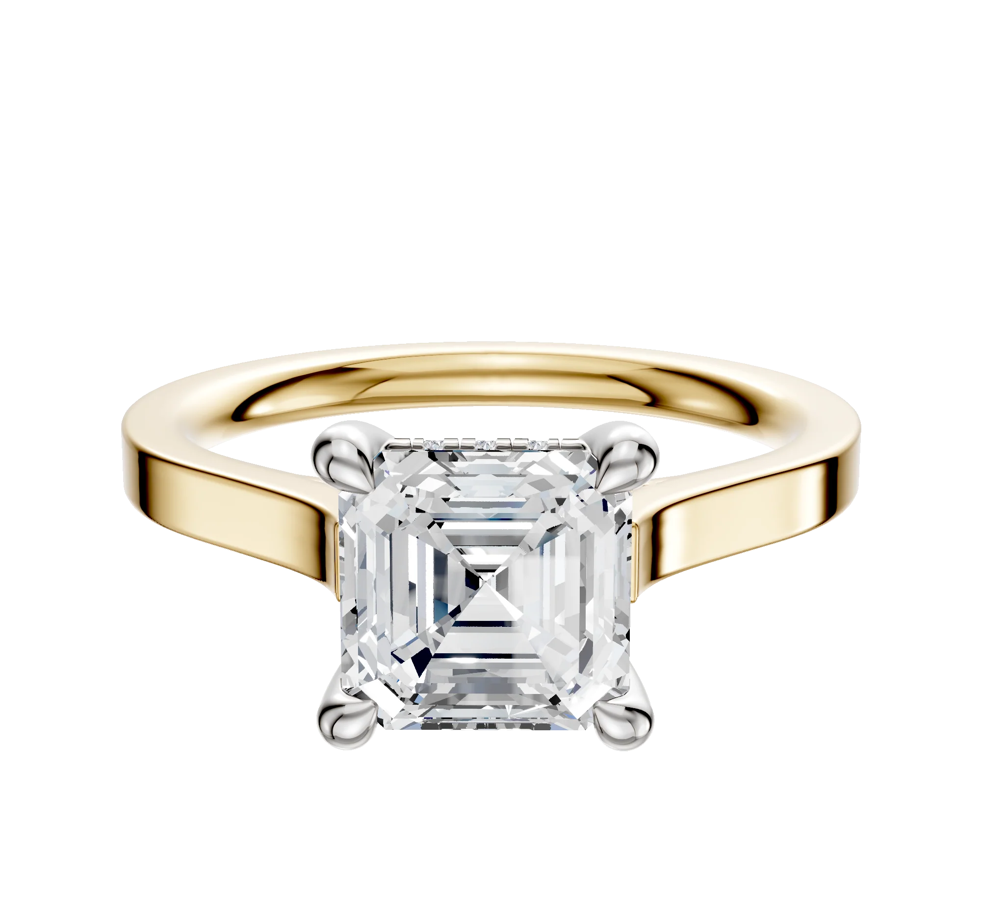 18K Two Tone 4 Prong Hidden Halo Cathedral Flat 2.0mm Engagement Ring