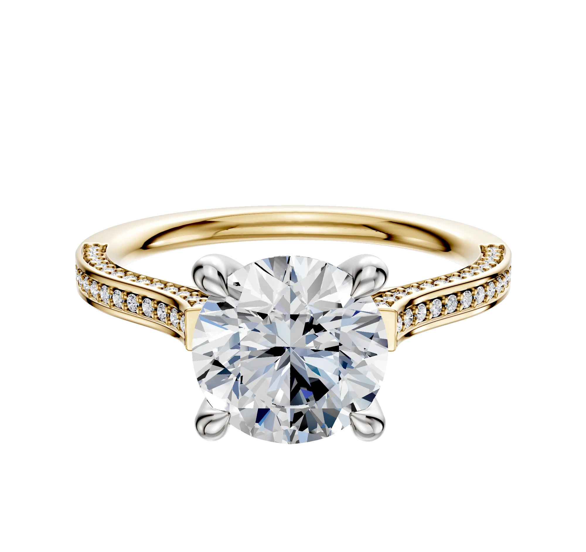 18K Two Tone 4 Prong Hidden Halo Cathedral Flat 3-Row-Pave 2.0mm Engagement Ring
