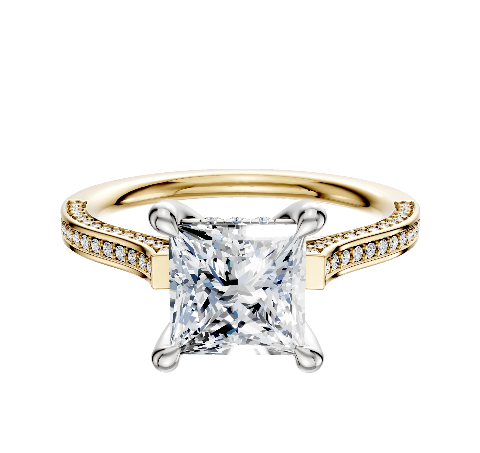 18K Two Tone 4 Prong Hidden Halo Cathedral Flat 3-Row-Pave 2.0mm Engagement Ring
