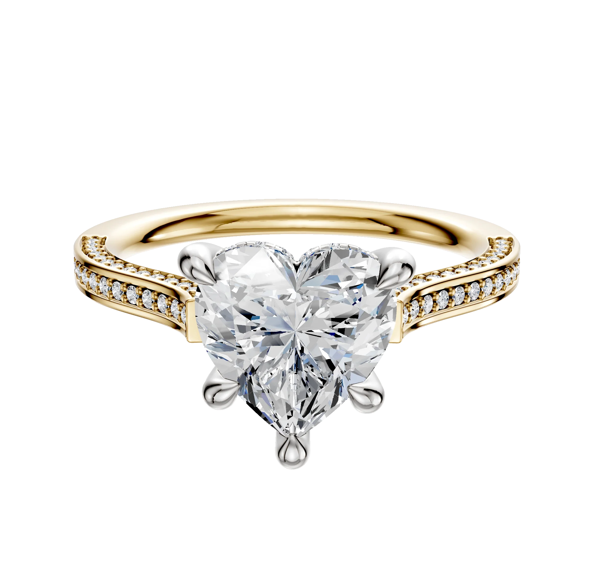 18K Two Tone 4 Prong Hidden Halo Cathedral Flat 3-Row-Pave 2.0mm Engagement Ring