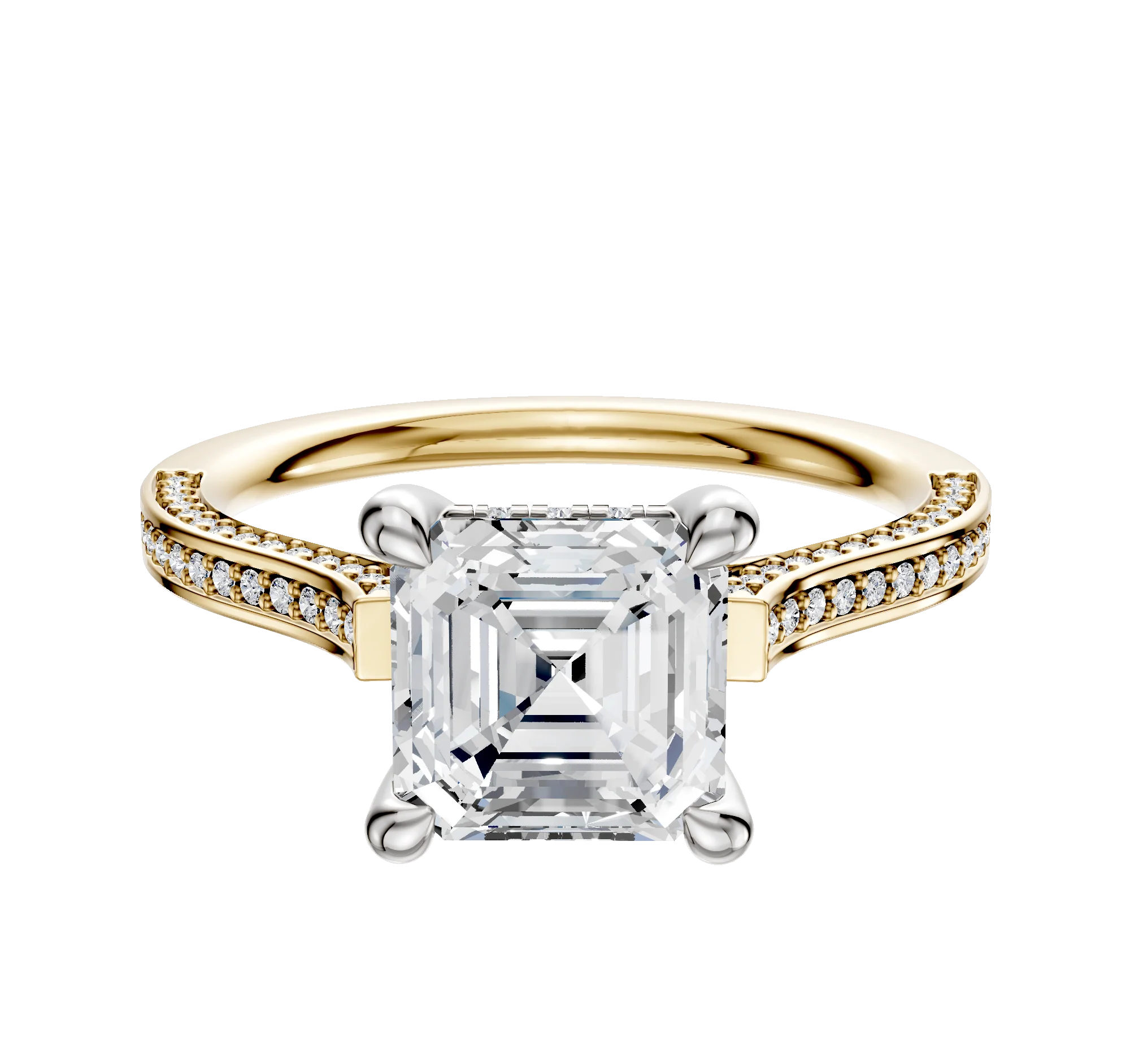18K Two Tone 4 Prong Hidden Halo Cathedral Flat 3-Row-Pave 2.0mm Engagement Ring