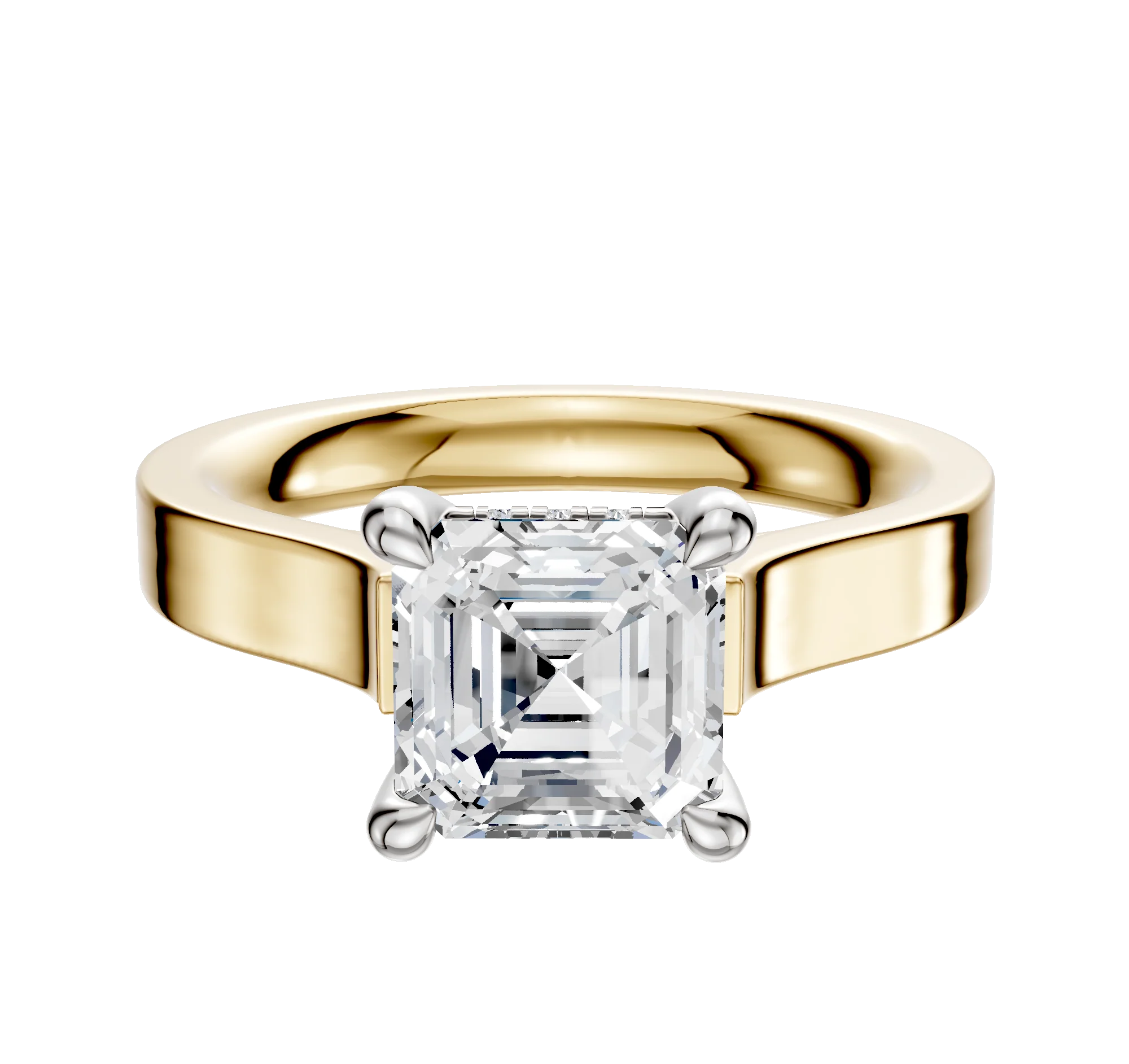18K Two Tone 4 Prong Hidden Halo Cathedral Flat 3.0mm Engagement Ring