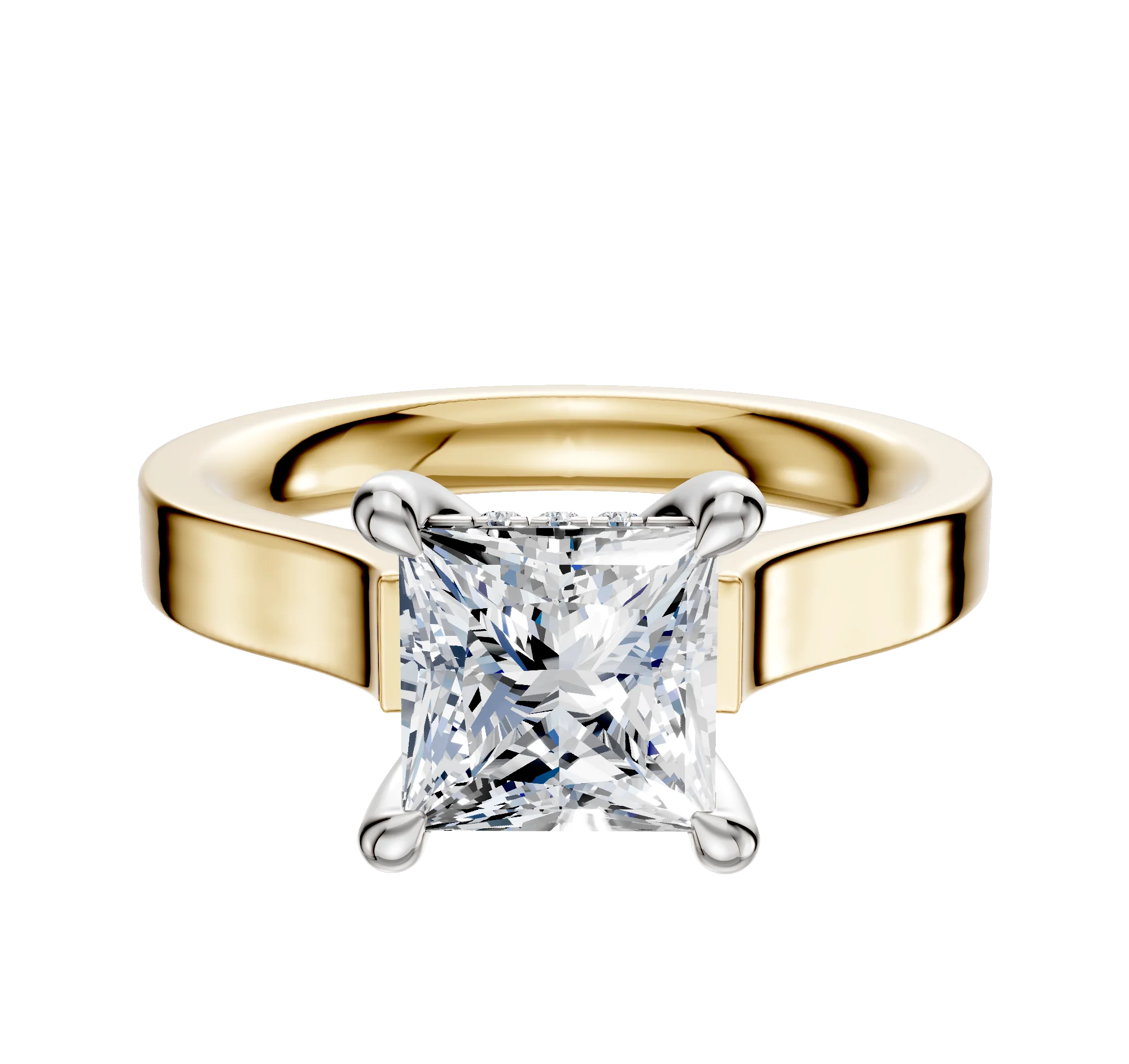 18K Two Tone 4 Prong Hidden Halo Cathedral Flat 3.0mm Engagement Ring