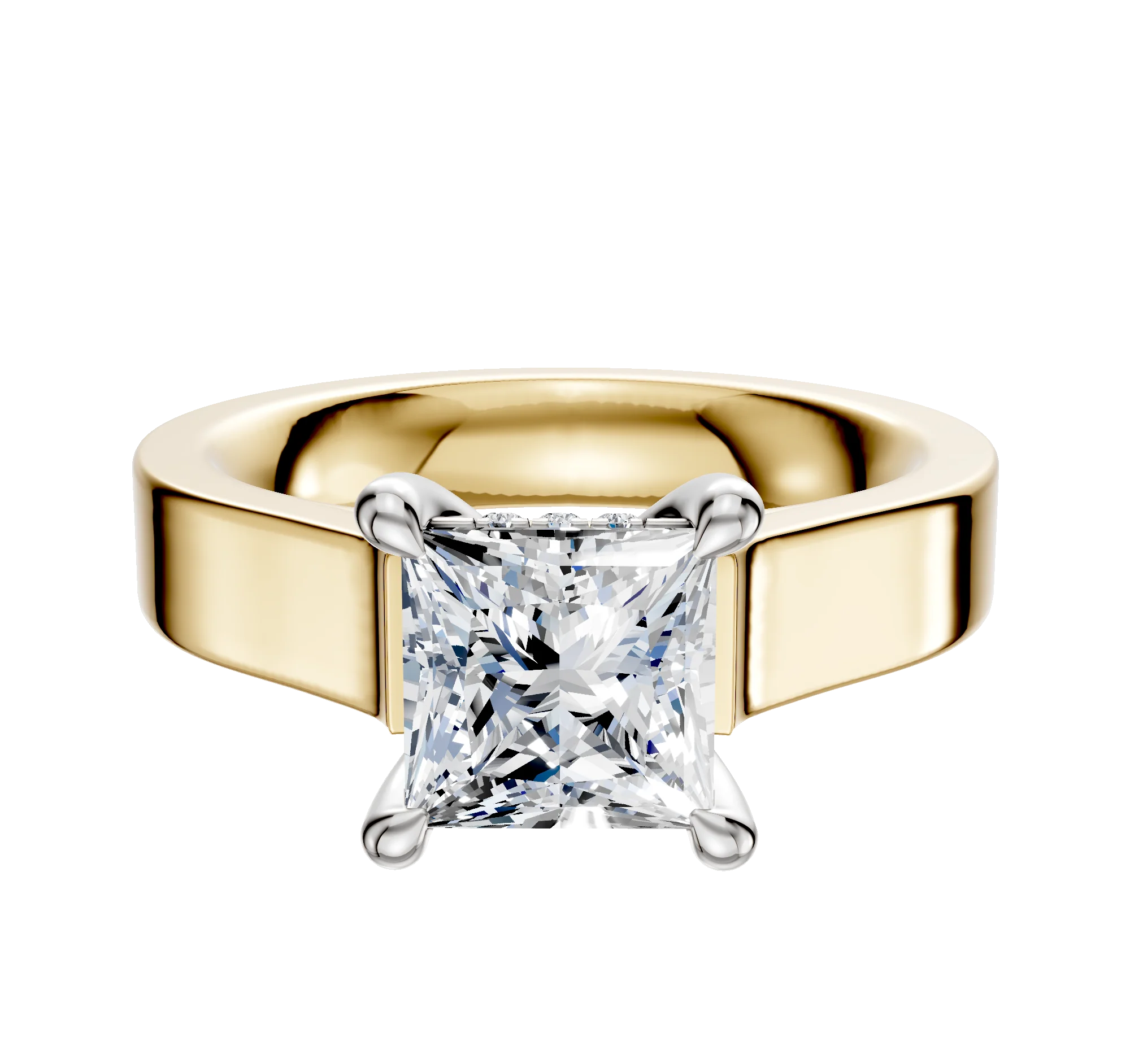 18K Two Tone 4 Prong Hidden Halo Cathedral Flat 4.0mm Engagement Ring