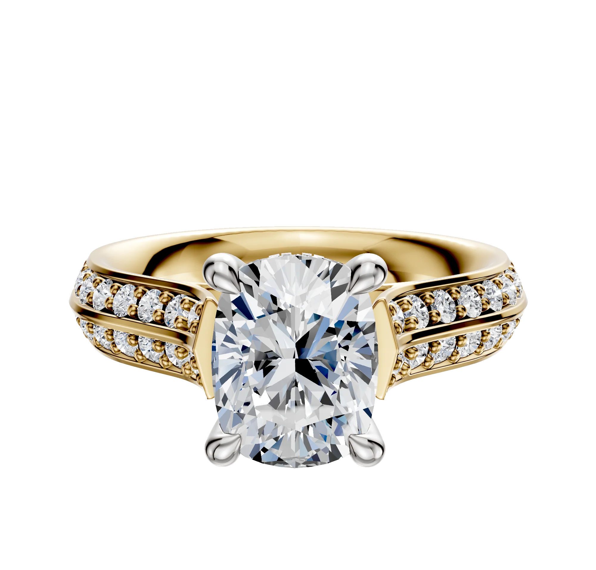 18K Two Tone 4 Prong Hidden Halo Cathedral Knife Edge 1-Row-Pave 2.5mm Engagement Ring