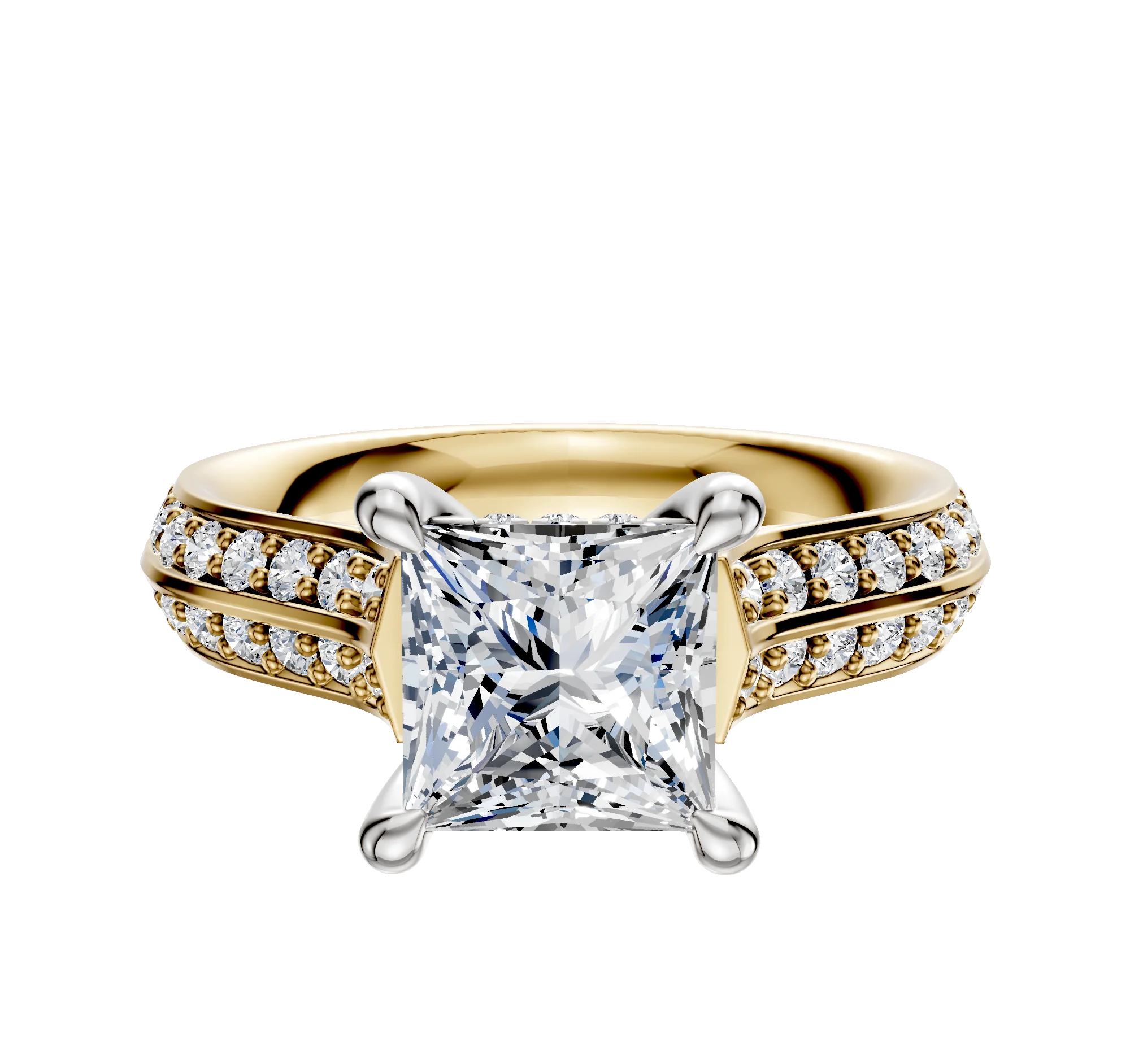 18K Two Tone 4 Prong Hidden Halo Cathedral Knife Edge 1-Row-Pave 2.5mm Engagement Ring